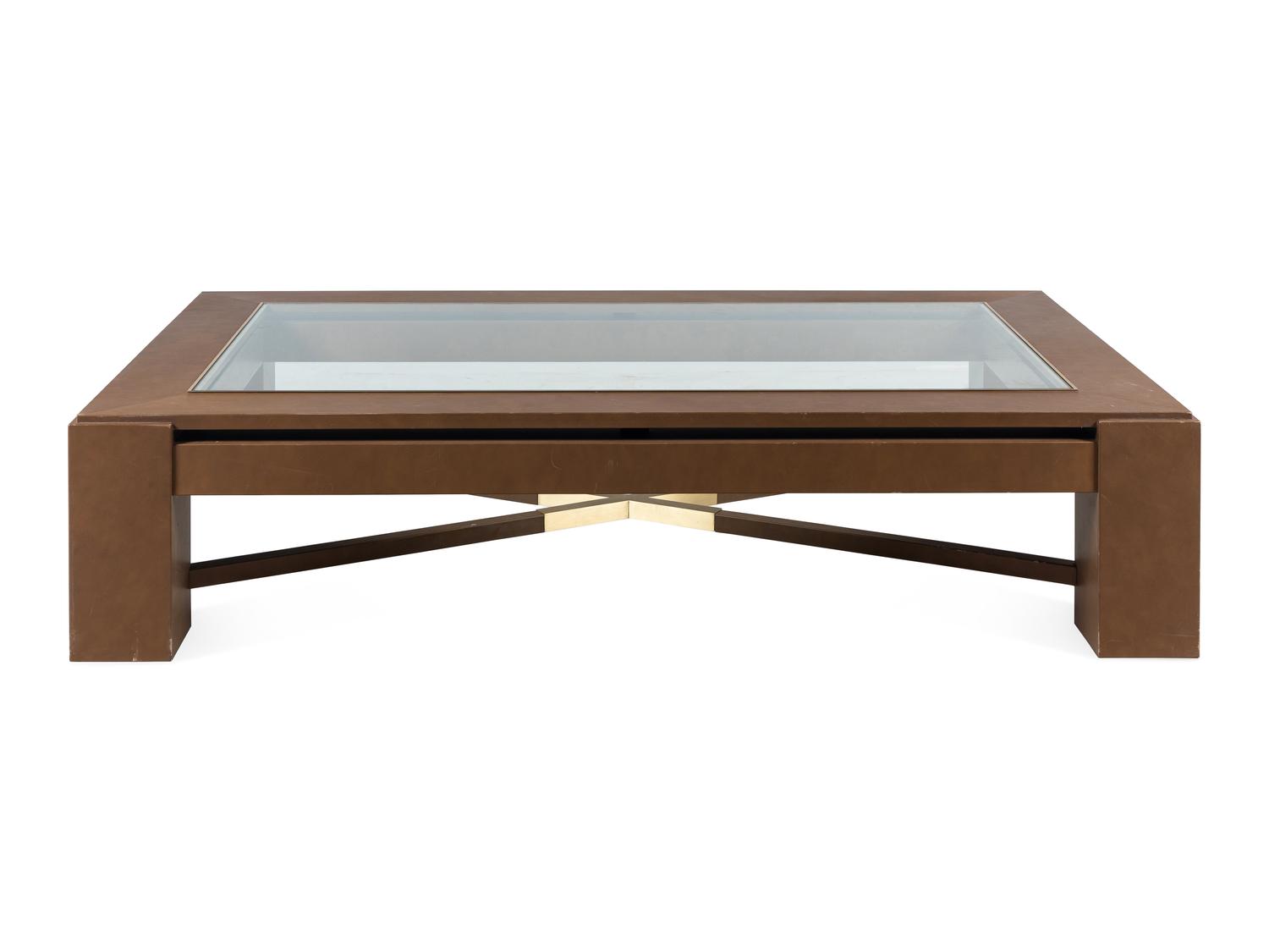 A Contemporary Faux Leather, Brass and Glass Low Table