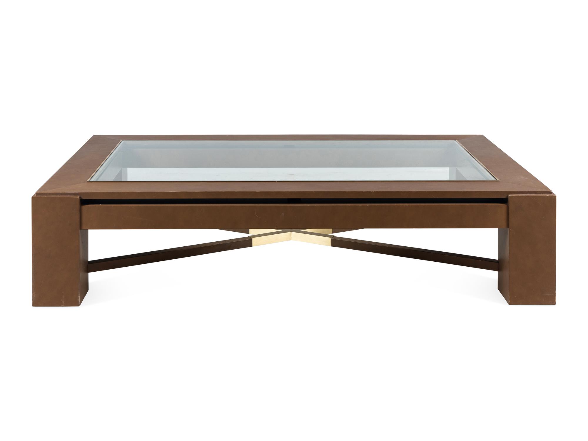 A Contemporary Faux Leather, Brass and Glass Low Table