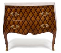 A Louis XV Style Parquetry Inlaid Bombe Commode Height 29 x width 33 1/2 x depth 15 1/2 inches. — 20TH CENTURY