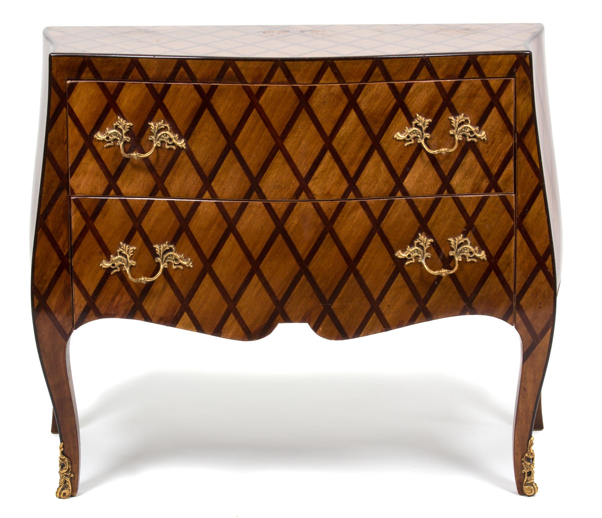 A Louis XV Style Parquetry Inlaid Bombe Commode Height 29 x width 33 1/2 x depth 15 1/2 inches. — 20TH CENTURY