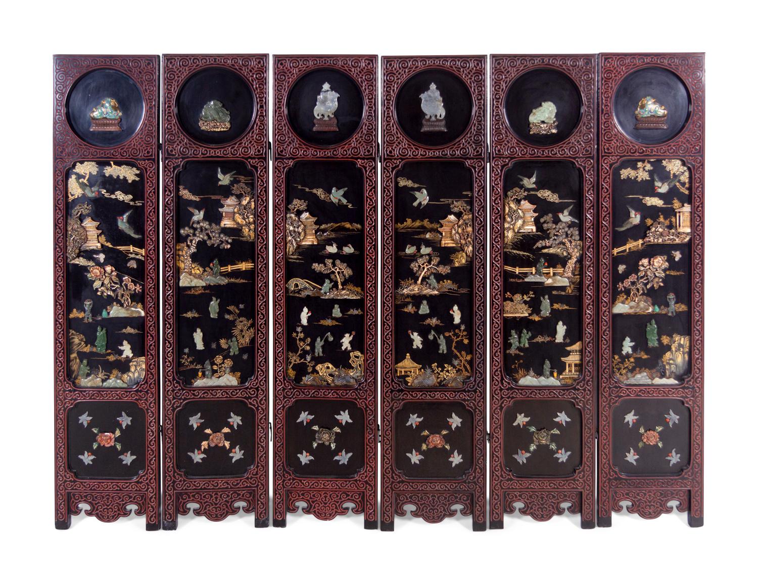 A Chinese Jade and Hardstone Inset Lacquered Six-Fold Floor Screen