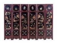 A Chinese Jade and Hardstone Inset Lacquered Six-Fold Floor Screen