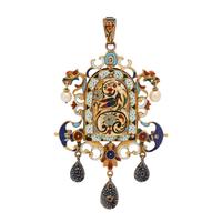 FRENCH, RENAISSANCE REVIVAL, YELLOW GOLD, MULTIGEM AND POLYCHROME ENAMEL PENDANT