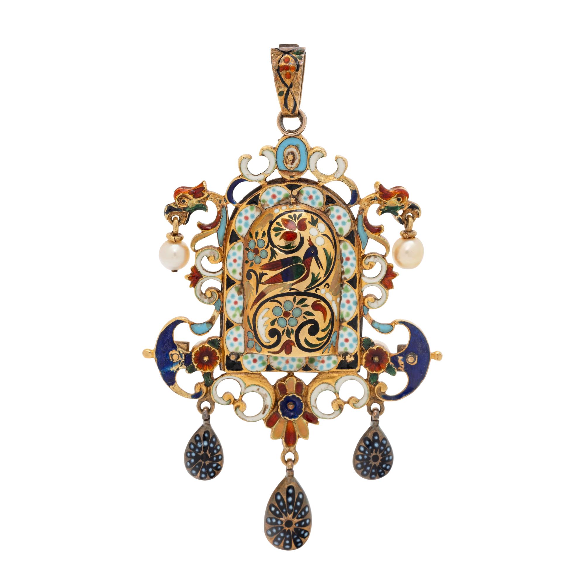 FRENCH, RENAISSANCE REVIVAL, YELLOW GOLD, MULTIGEM AND POLYCHROME ENAMEL PENDANT