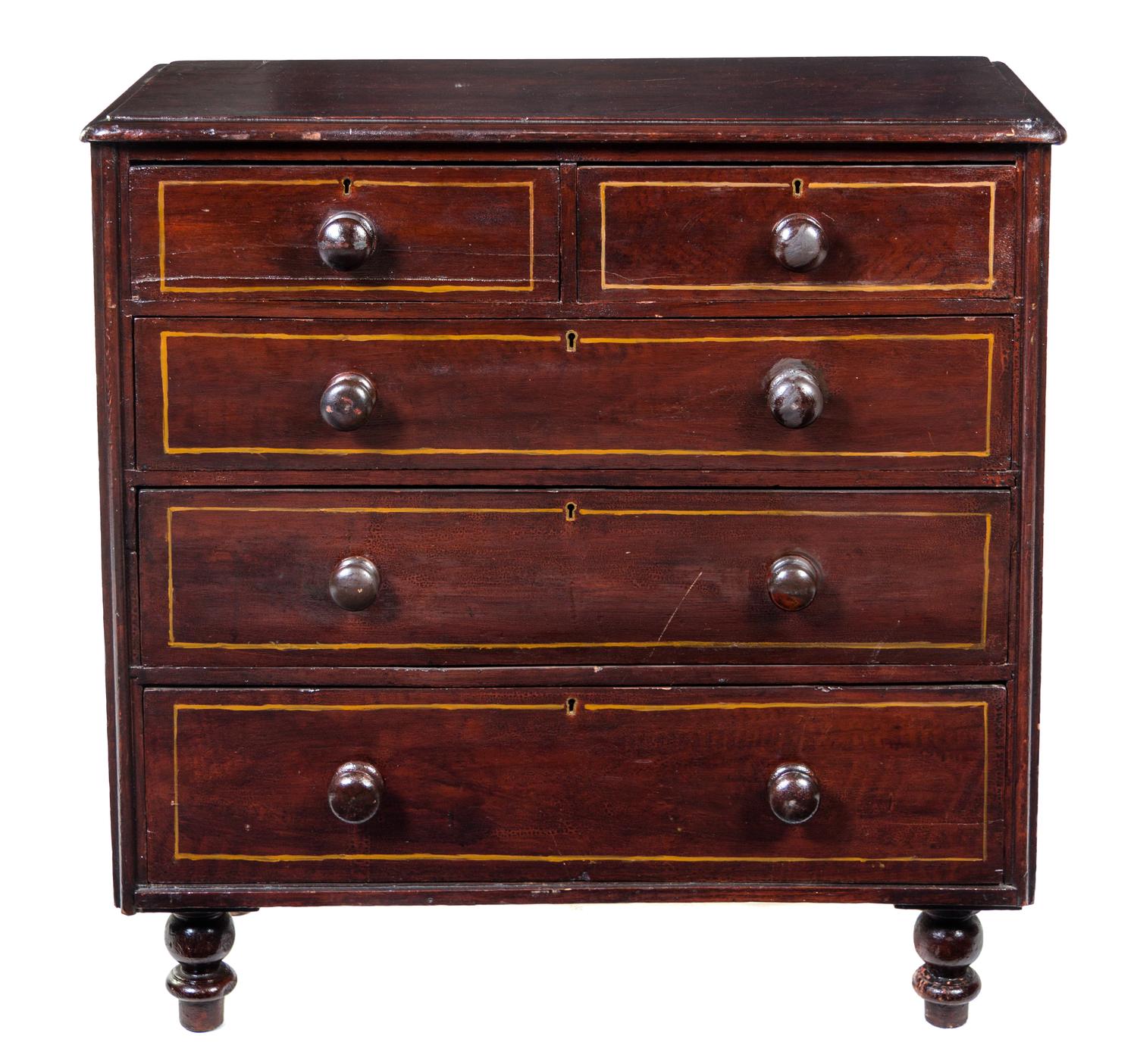 An American Painted Pine Chest of Drawers Height 37 x width 38 x depth 17 inches. — LATE 19TH CENTURY