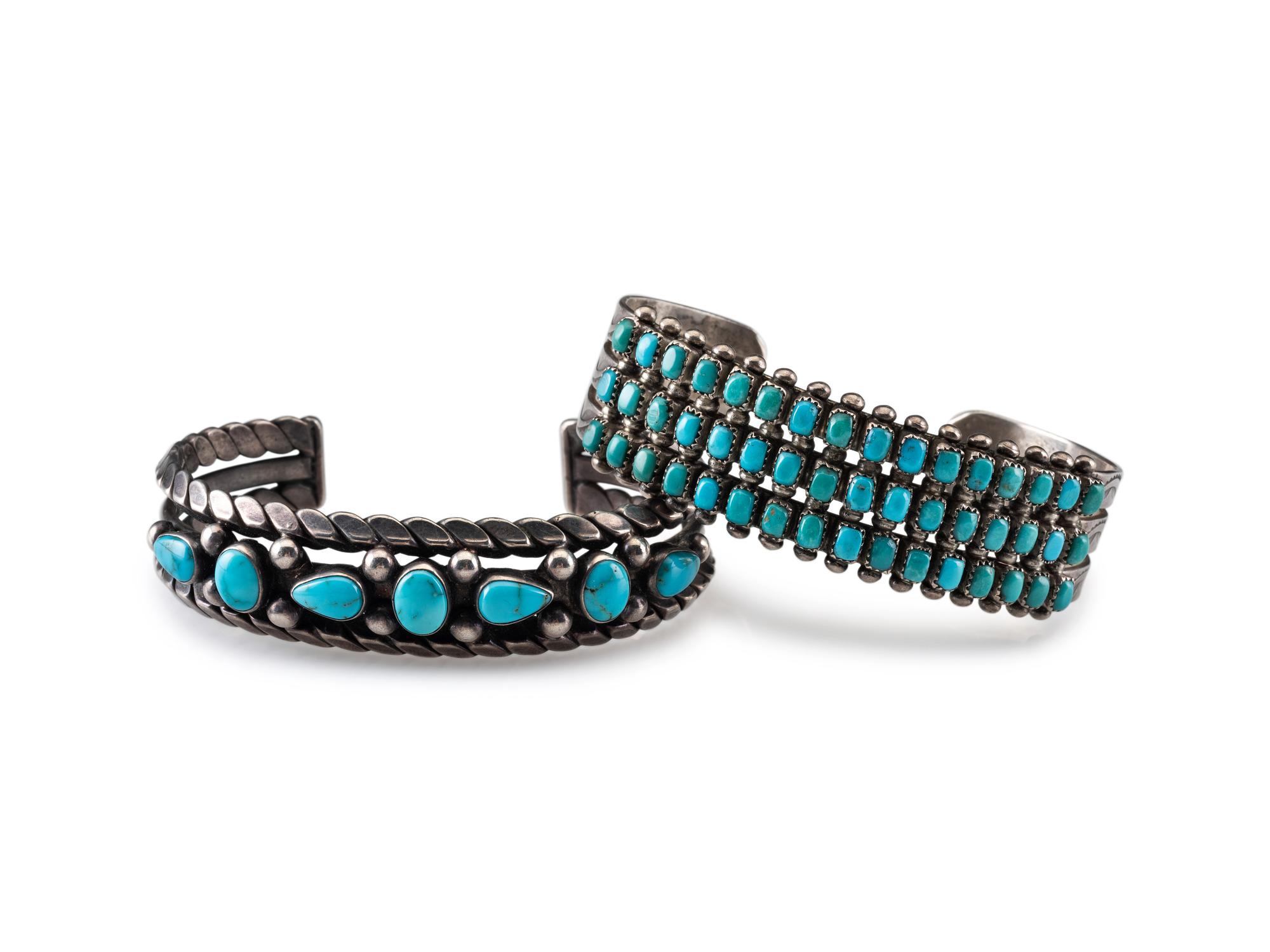 Navajo Stamped Silver and Turquoise Cuff Bracelets