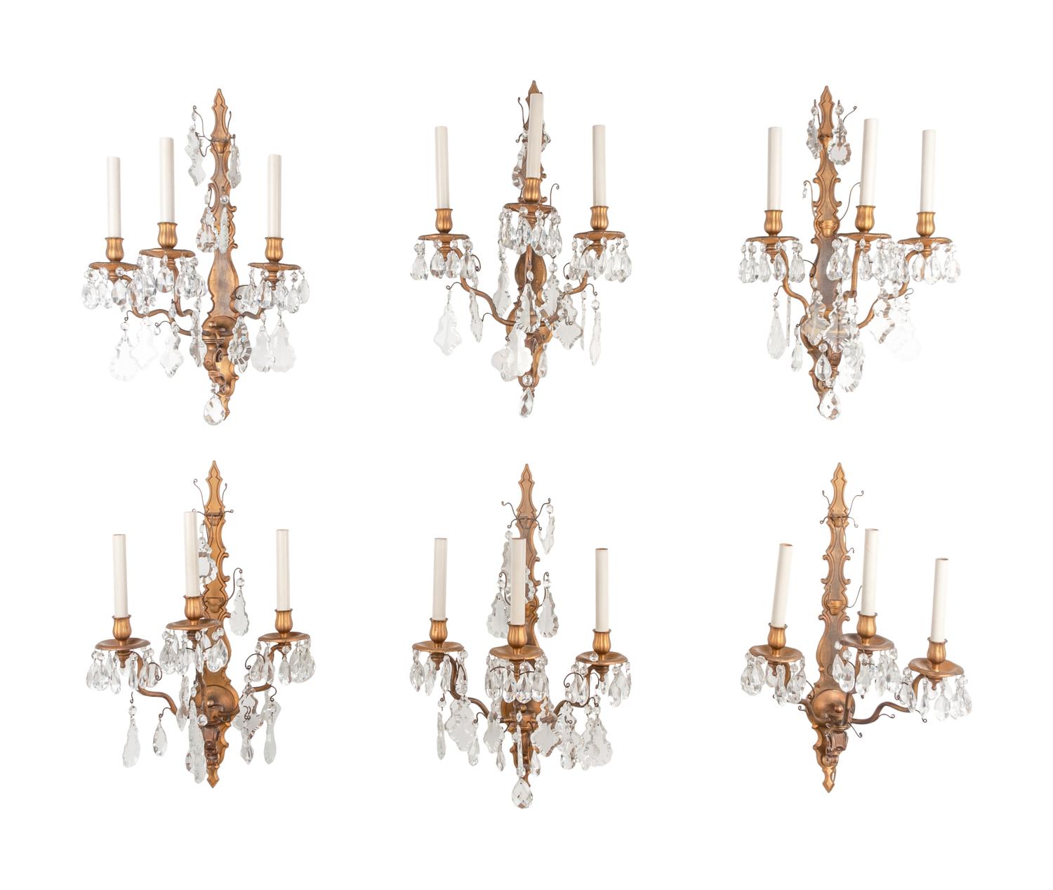 A Set of Six Napoleon III Style Gilt Metal and Glass Three-Light Sconces