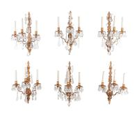 A Set of Six Napoleon III Style Gilt Metal and Glass Three-Light Sconces