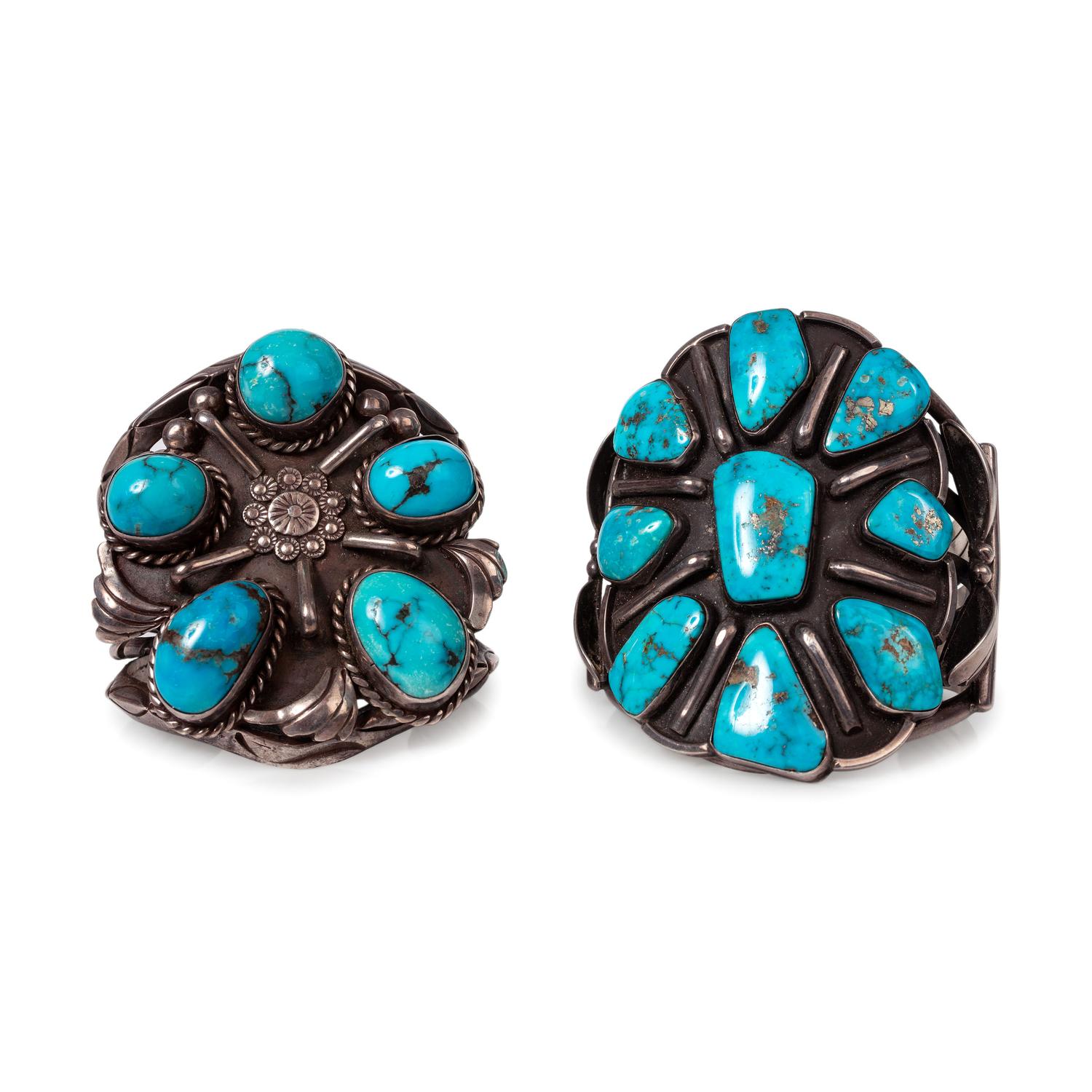 Pair of Navajo Silver and Turquoise Cluster Cuff Bracelets