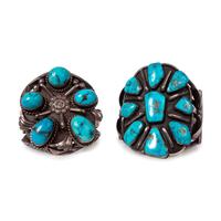Pair of Navajo Silver and Turquoise Cluster Cuff Bracelets