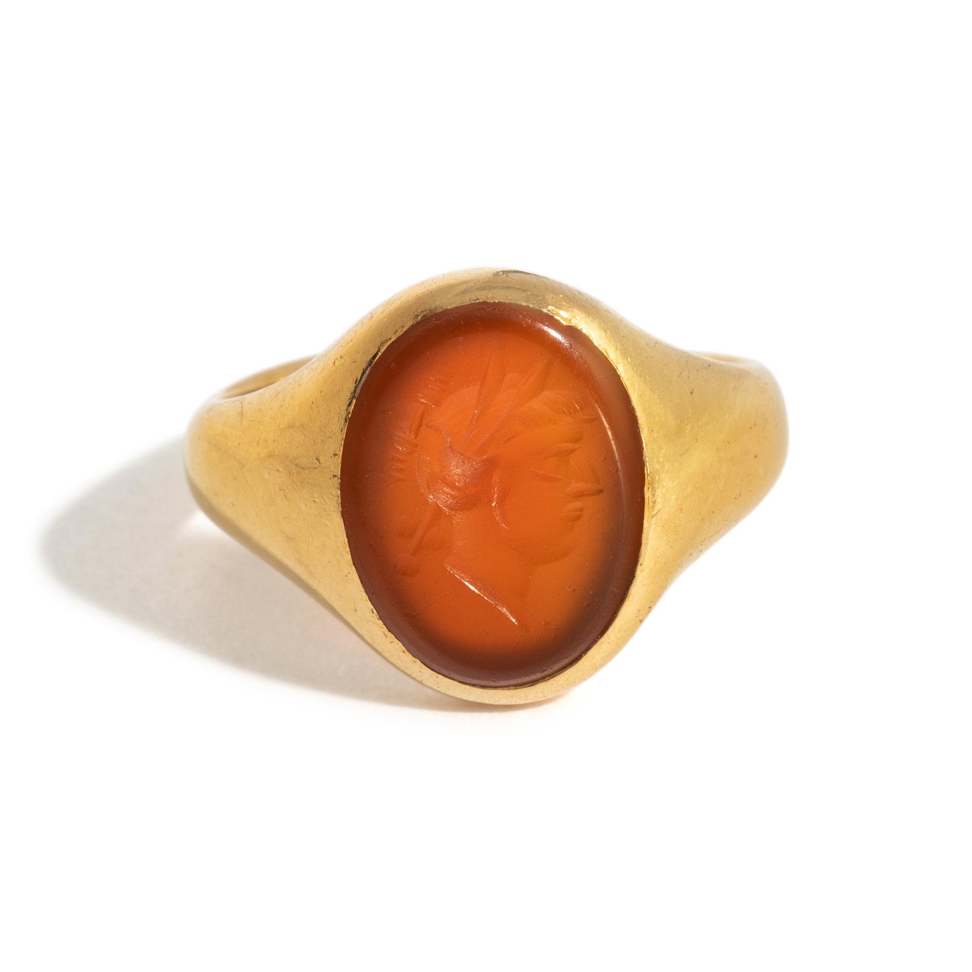 A Neoclassical Gold and Carnelian Finger Ring with the Bust of a Deity — Hallmarks stamped on the inside