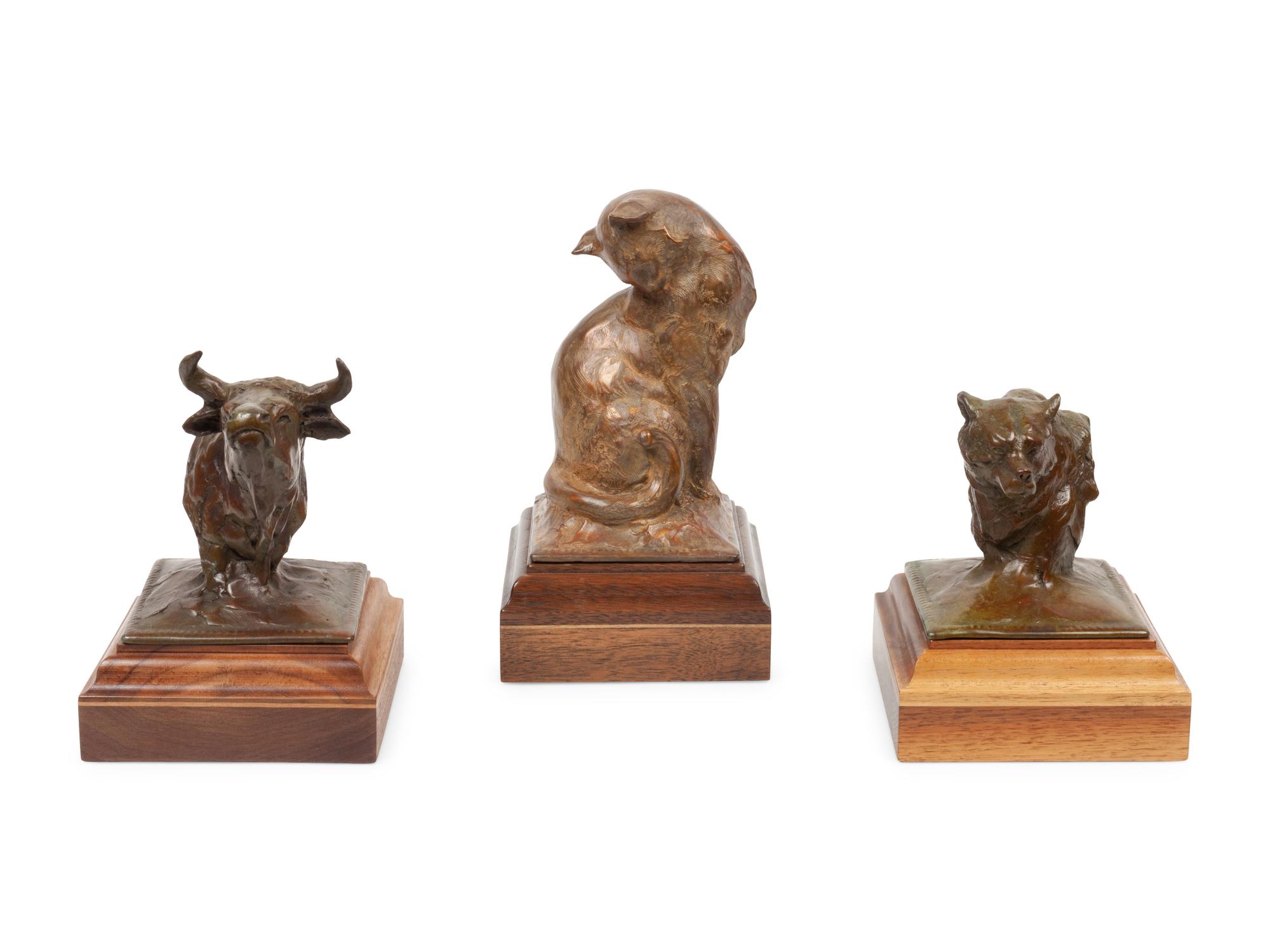 Three Sculptures: Cat , edition 25/100; Bear , edition 5/100; and Steer Head , edition 5/100