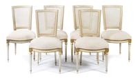 A Set of Six Louis XVI Style Painted and Parcel Gilt Dining Chairs Height 35 1/2 inches. — FIRST HALF 20TH CENTURY