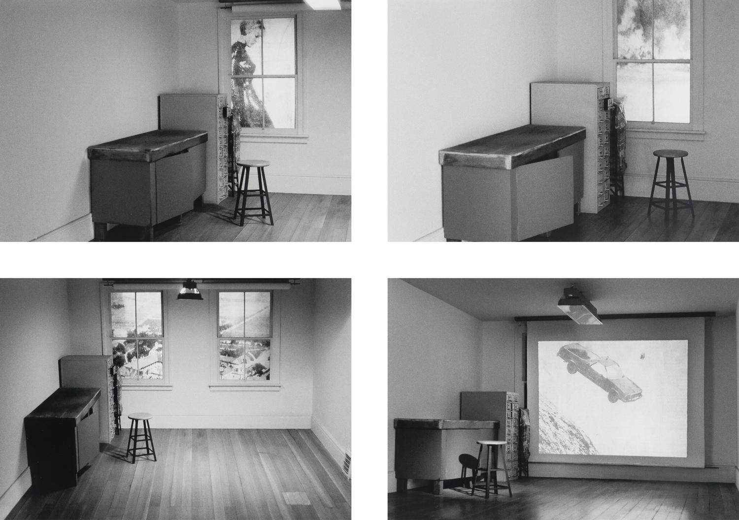 Four works from Studio Projections, 1979 (Number 17, Car Crash; Number 22, Beauty Treatment; Number A1, Village ; and Number A3, Dust Storm); printed 2013
