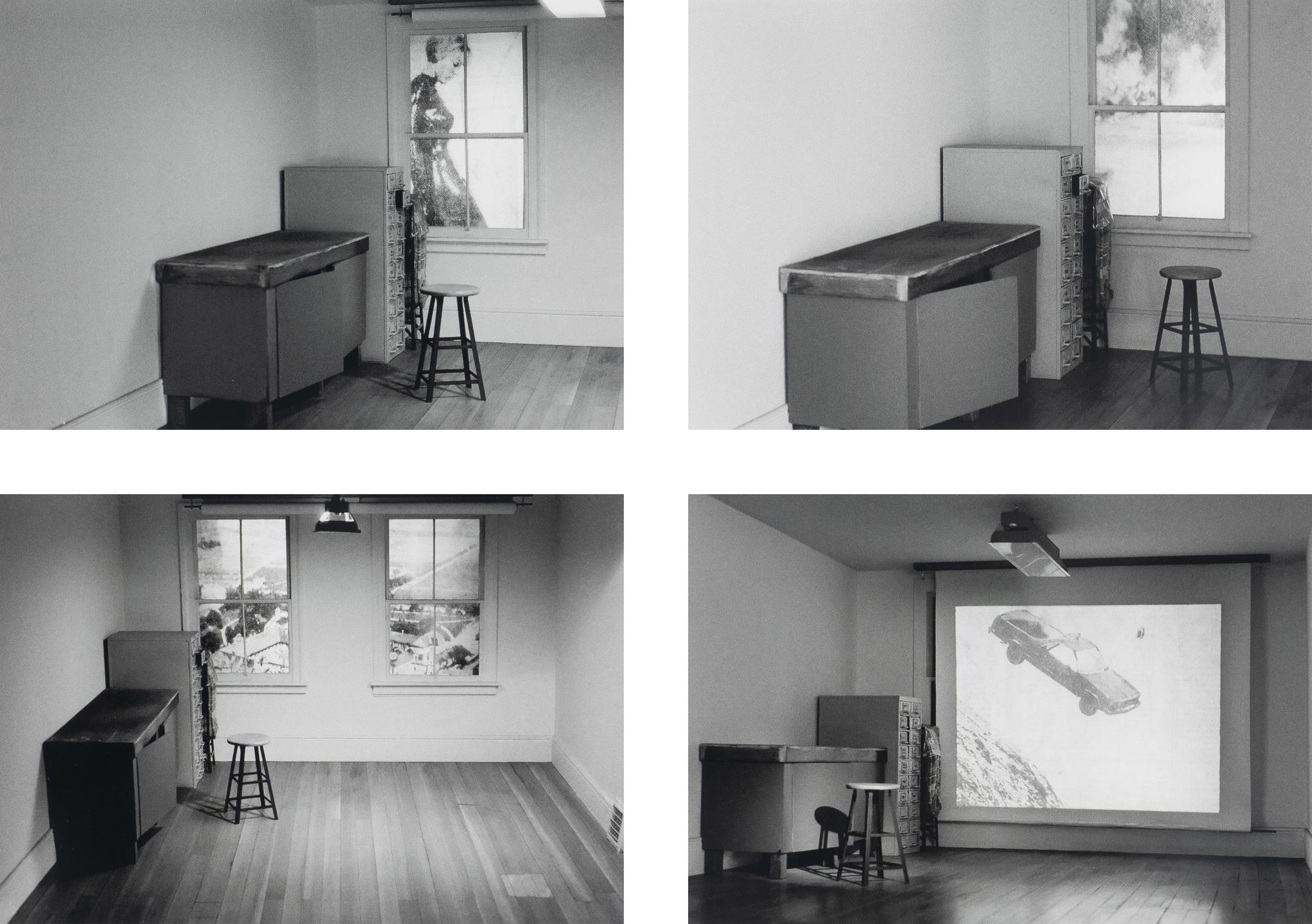 Four works from Studio Projections, 1979 (Number 17, Car Crash; Number 22, Beauty Treatment; Number A1, Village ; and Number A3, Dust Storm); printed 2013