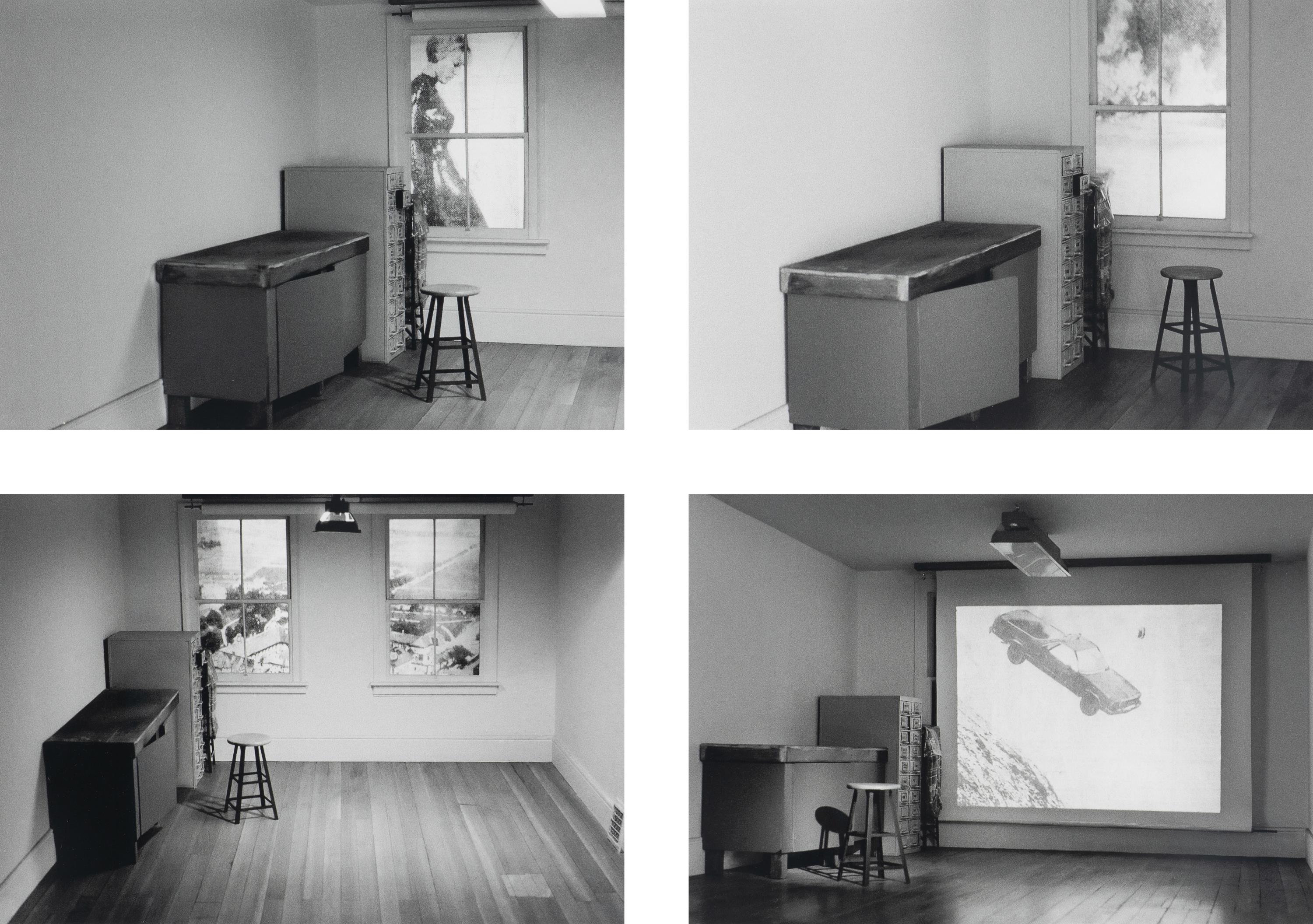 Four works from Studio Projections, 1979 (Number 17, Car Crash; Number 22, Beauty Treatment; Number A1, Village ; and Number A3, Dust Storm); printed 2013