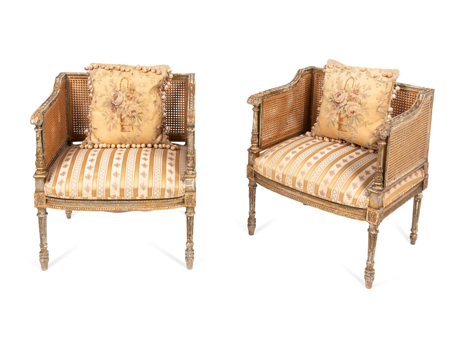 A Pair of Louis XVI Style Caned Giltwood Bergères