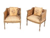 A Pair of Louis XVI Style Caned Giltwood Bergères