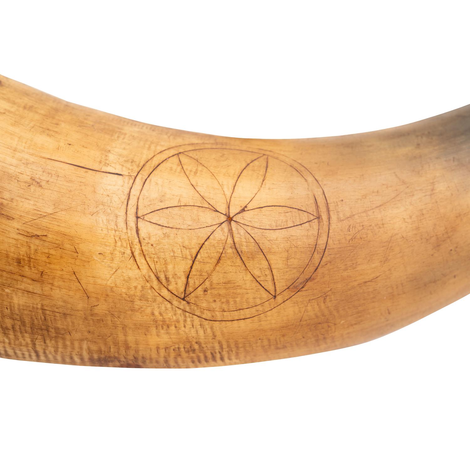 Two Folk Art Carved Priming Horns and Two Stone Bullet Molds
