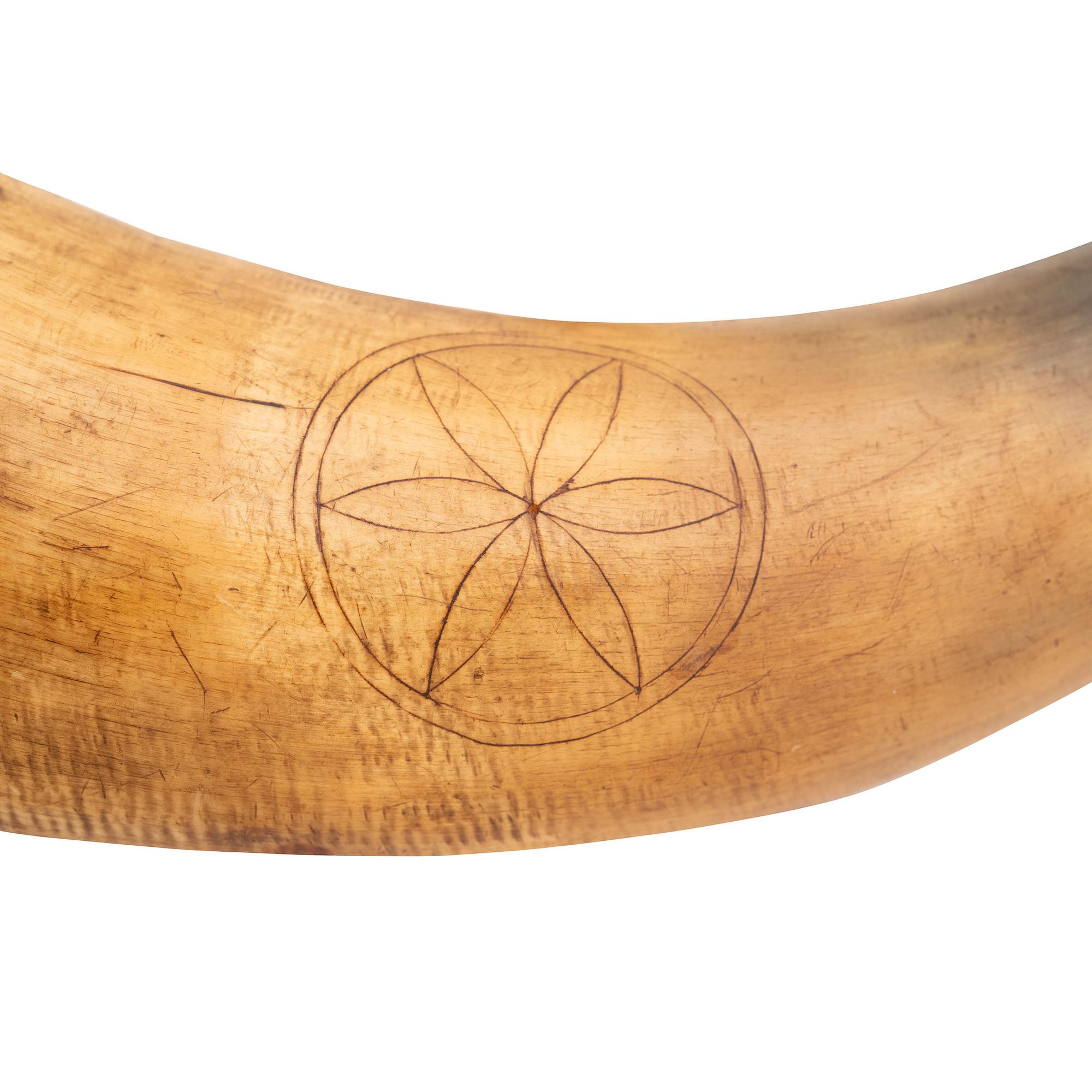 Two Folk Art Carved Priming Horns and Two Stone Bullet Molds