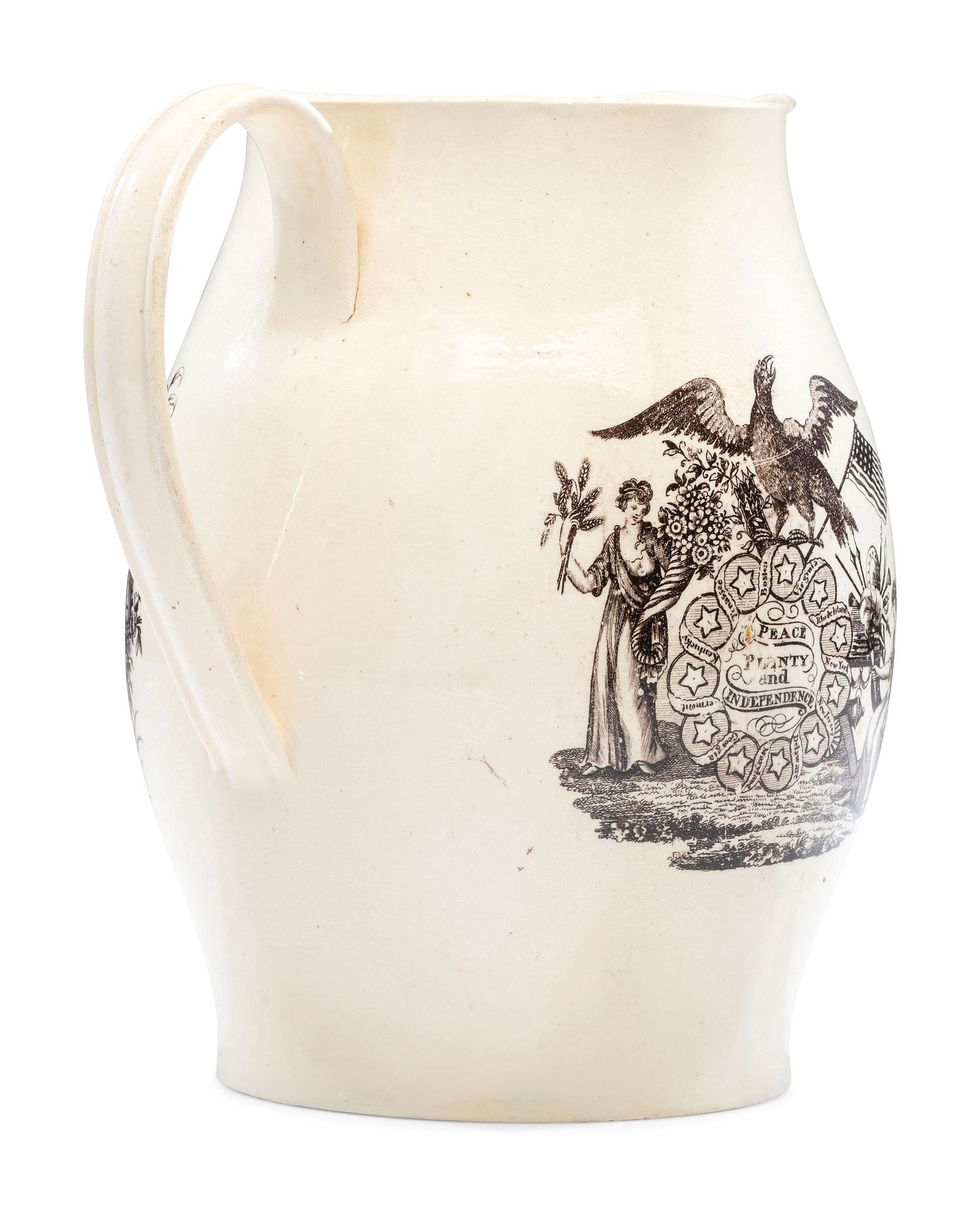 A Liverpool Transfer-Printed Creamware 'Union to the People of America' Pitcher