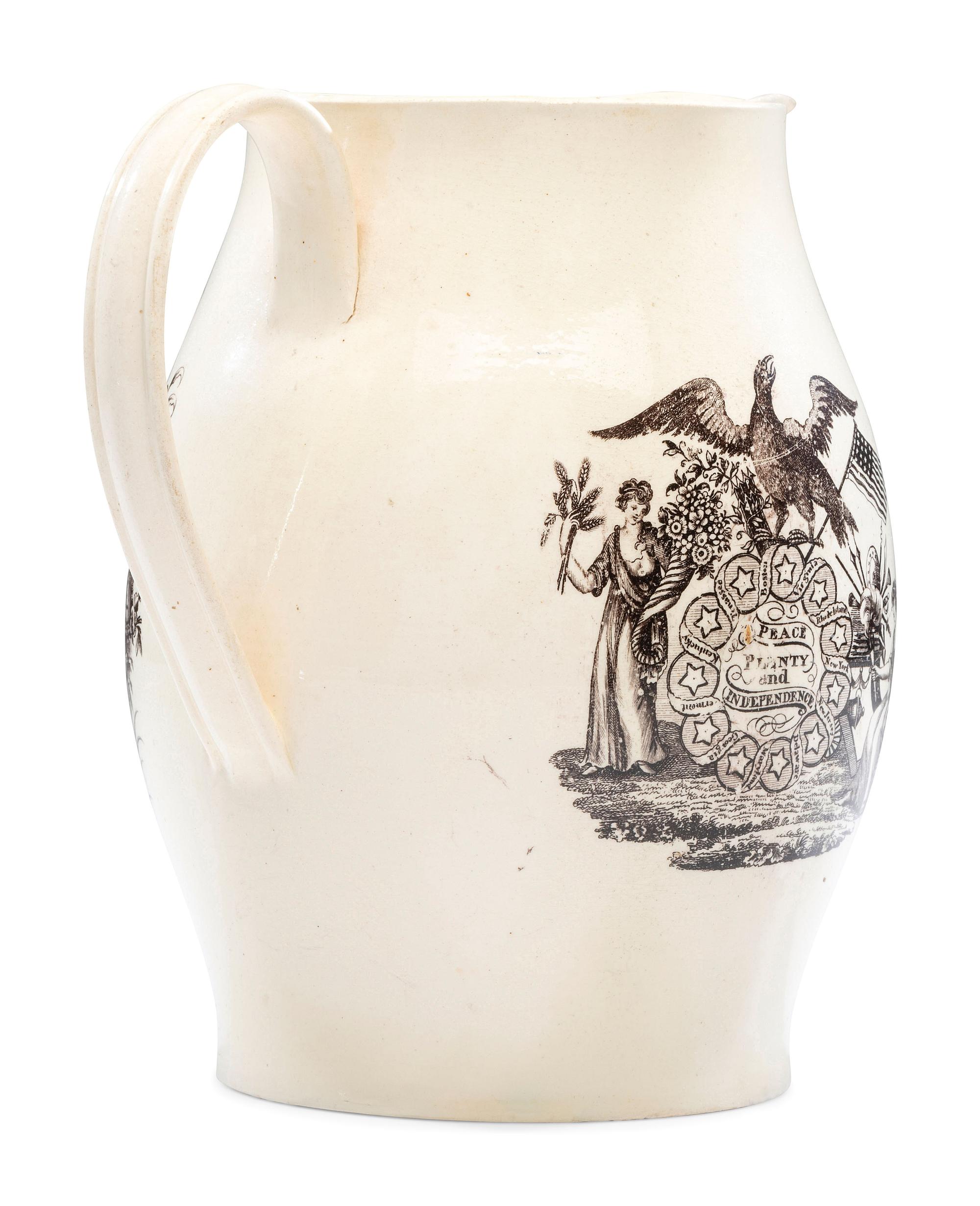 A Liverpool Transfer-Printed Creamware 'Union to the People of America' Pitcher