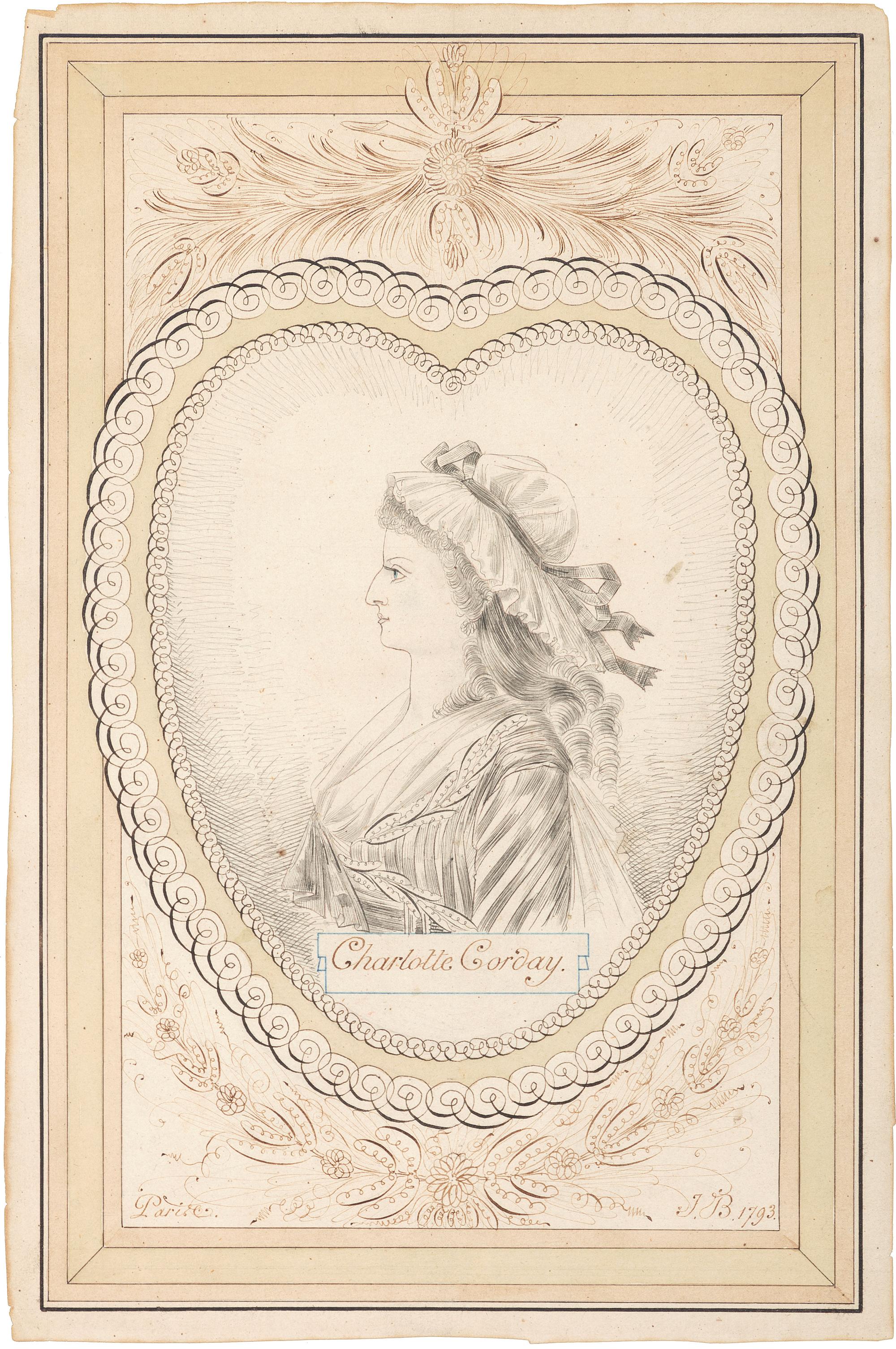 [REVOLUTIONARY WAR]. Ink and watercolor portraits of Marquis de LAFAYETTE and Charlotte CORDAY.