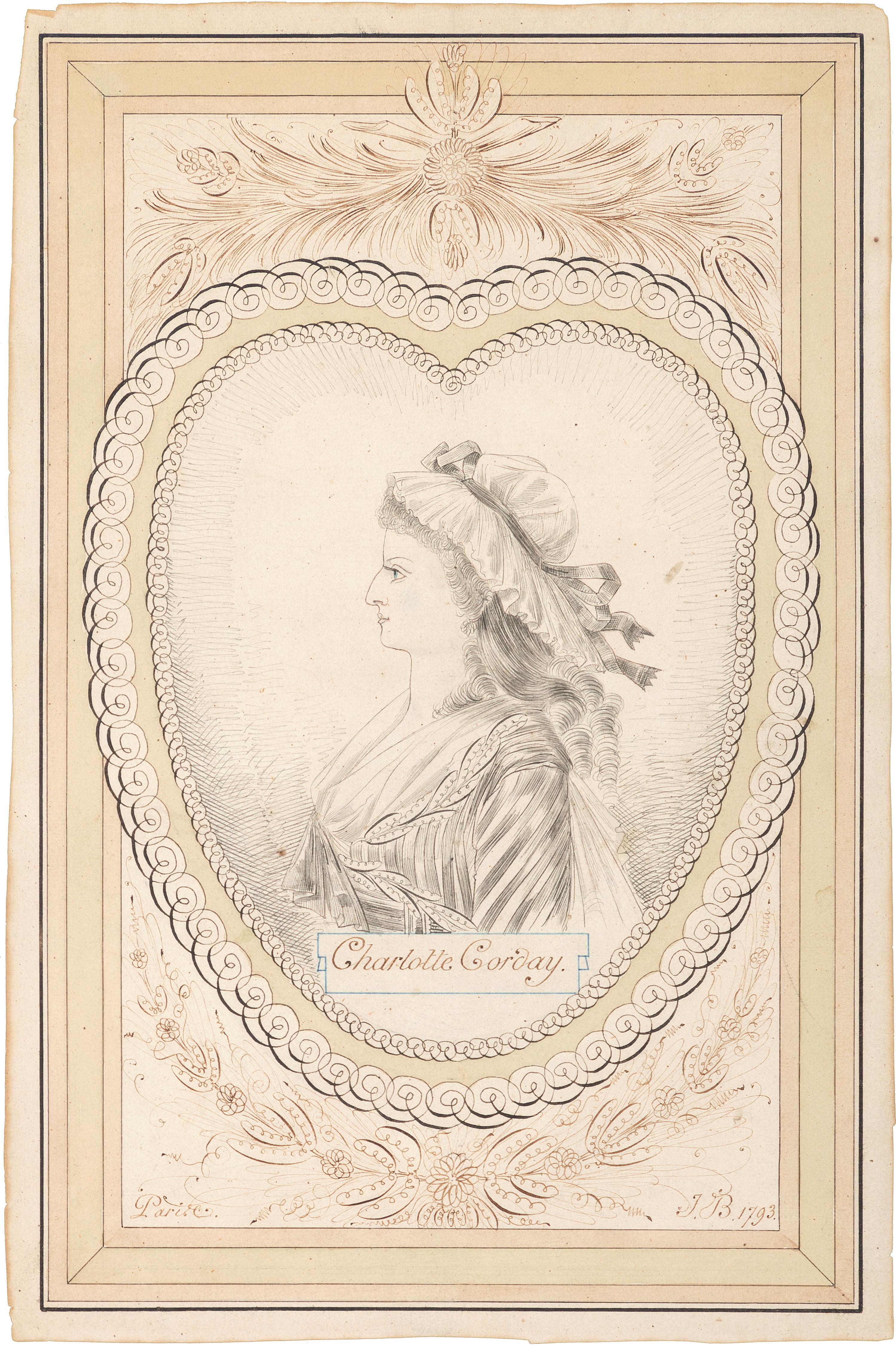 [REVOLUTIONARY WAR]. Ink and watercolor portraits of Marquis de LAFAYETTE and Charlotte CORDAY.