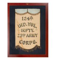 [Civil War] 124th Indiana Volunteer Infantry reunion banner, tassels, and GAR reunion photograph