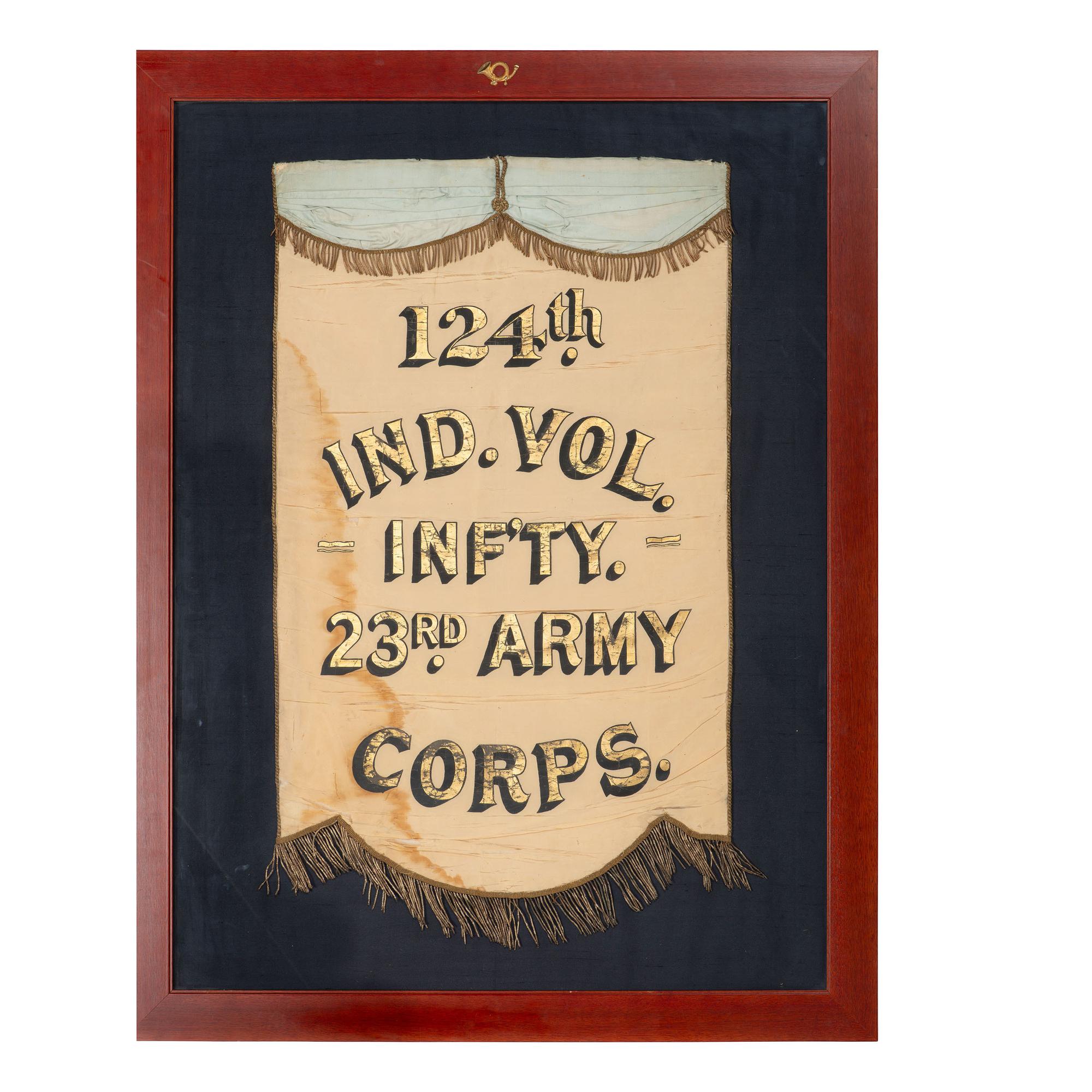 [Civil War] 124th Indiana Volunteer Infantry reunion banner, tassels, and GAR reunion photograph
