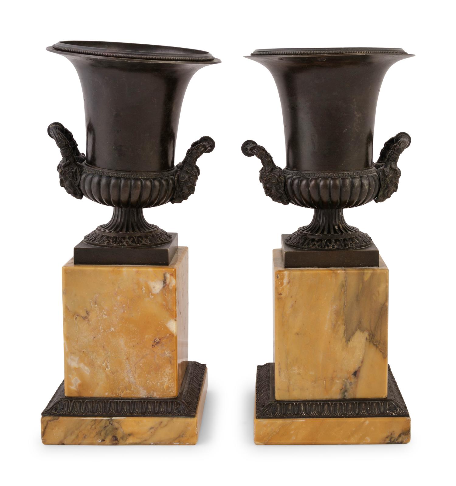 A Pair of Grand Tour Bronze and Marble Urns