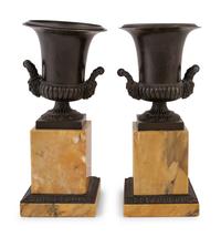 A Pair of Grand Tour Bronze and Marble Urns