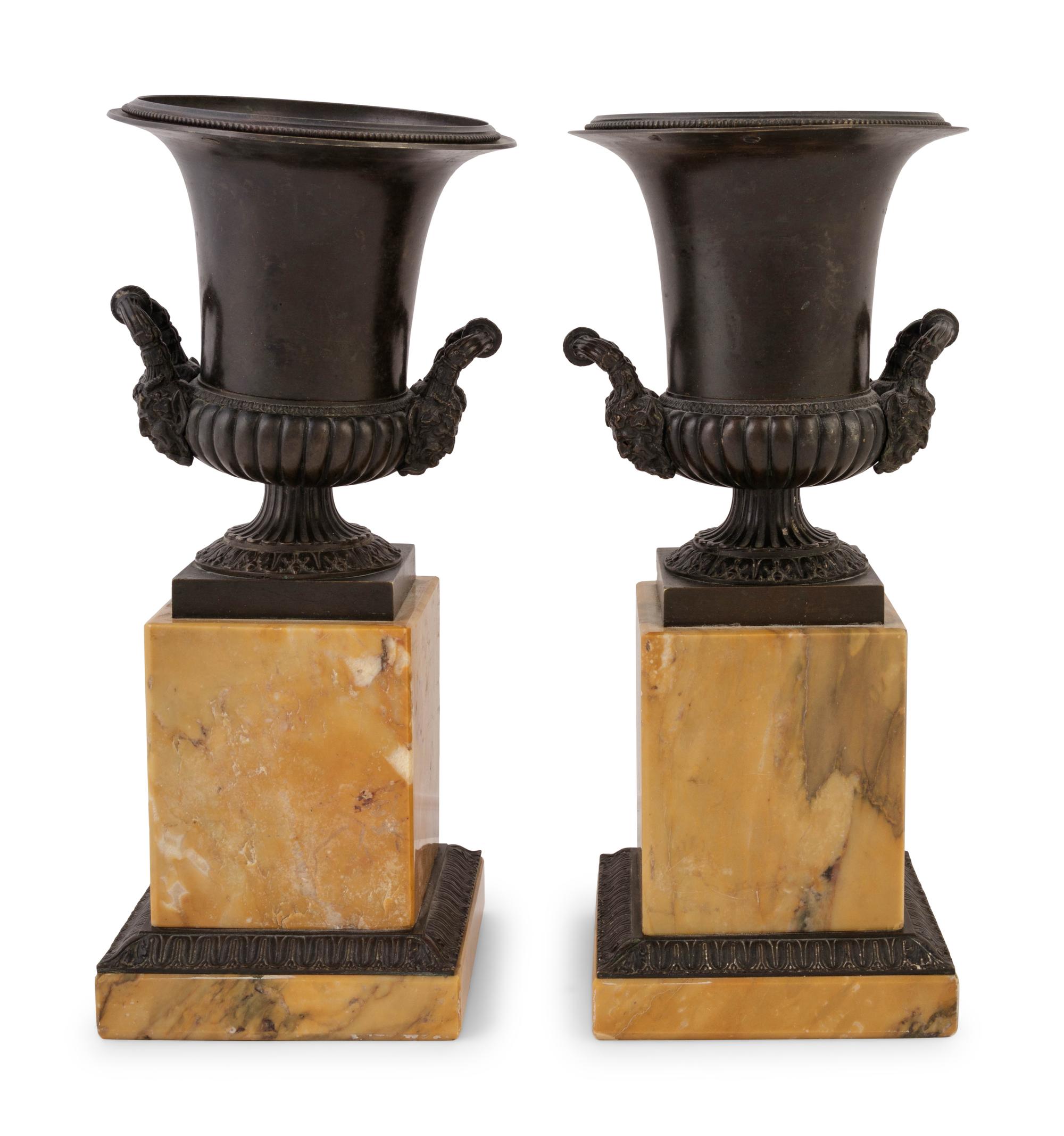 A Pair of Grand Tour Bronze and Marble Urns