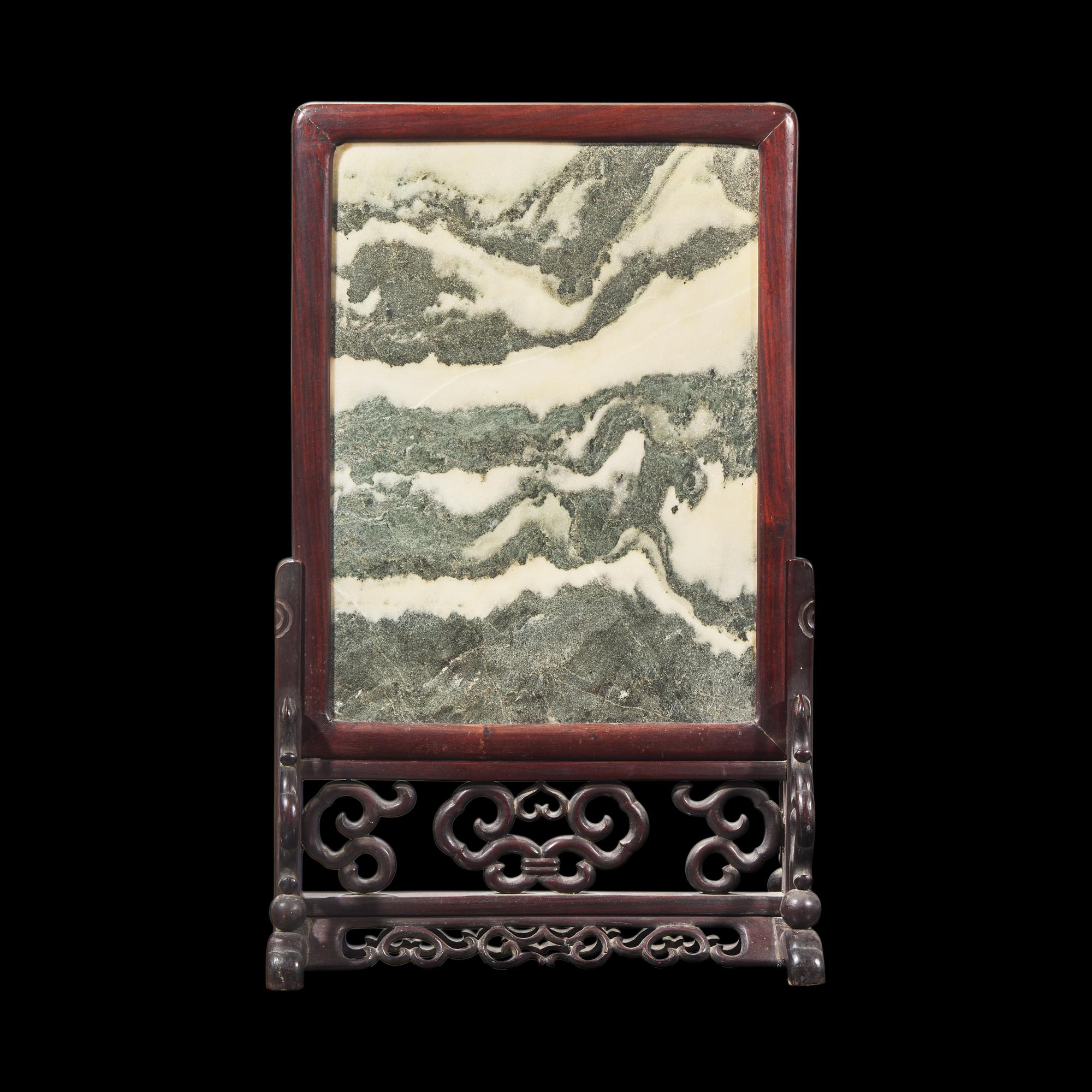 A Chinese "Dali" Marble Inset Carved Hardwood Table Screen, 19th/20th Century 晚清-民國 酸枝木大理石插屏