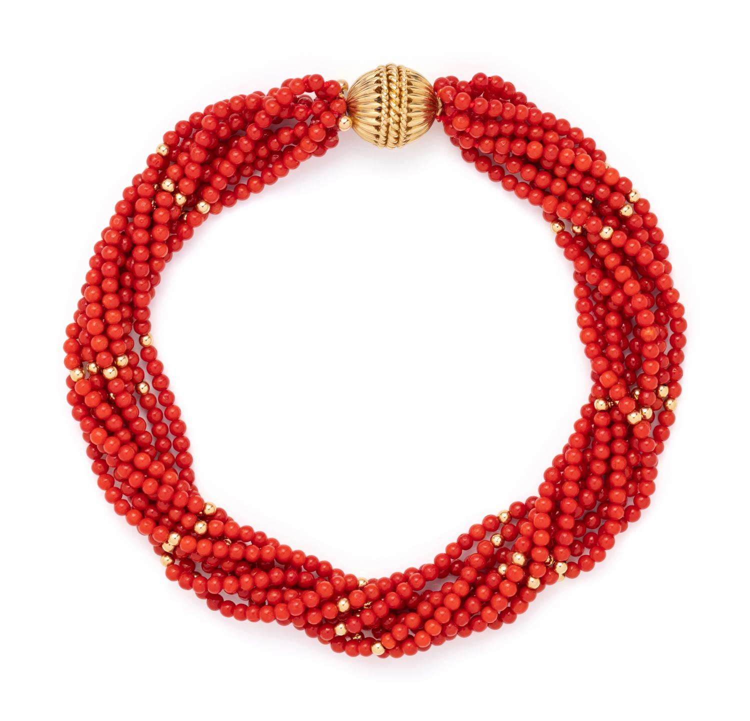 YELLOW GOLD AND CORAL TORSADE NECKLACE