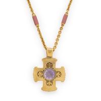 Yellow Gold and Pink Enamel Cross Pendant Necklace