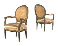 A Pair of Louis XVI Style Painted and Parcel Gilt Fauteuils