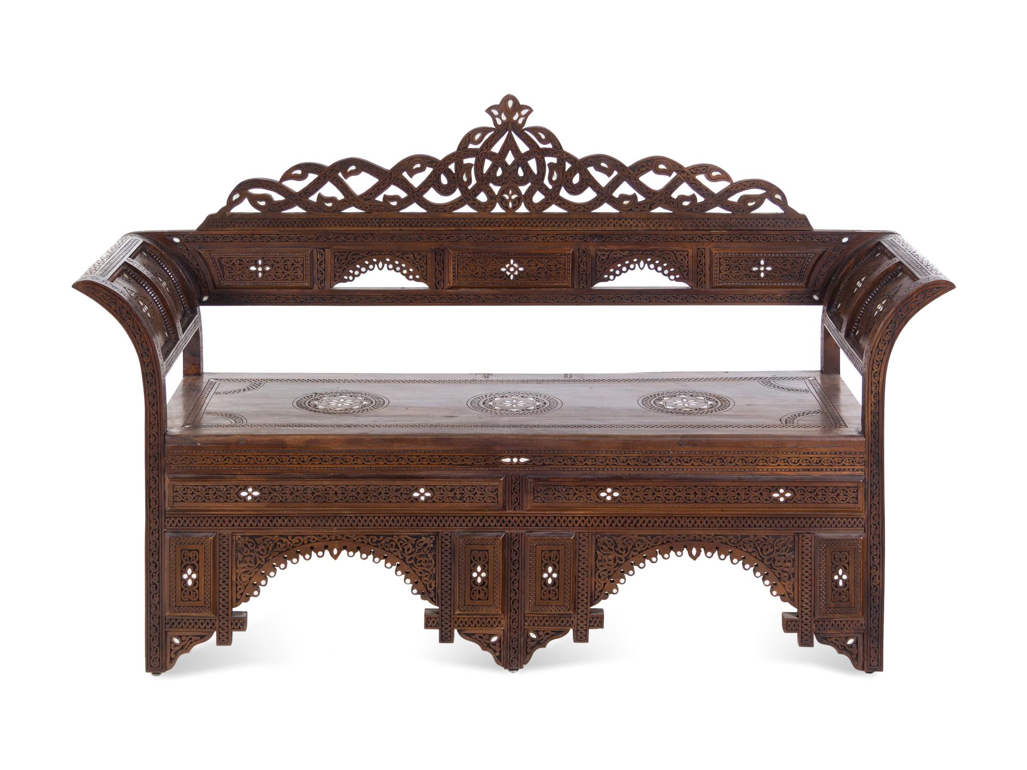 A Syrian Carved and Mother-of-Pearl Inlaid Walnut Settee