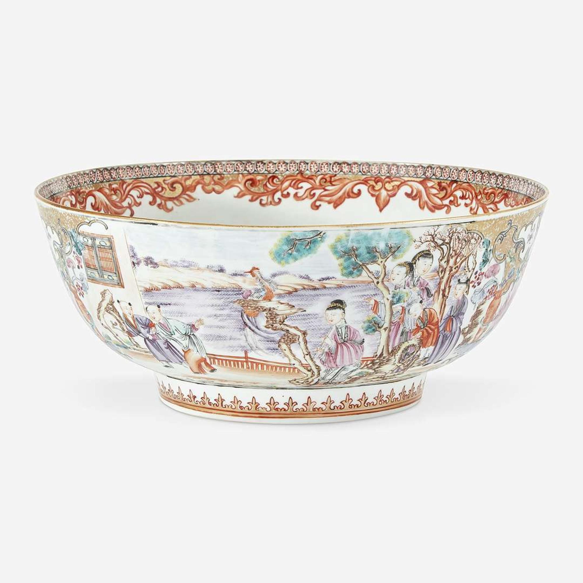 A Chinese export famille rose-decorated porcelain figural punchbowl late 18th Century