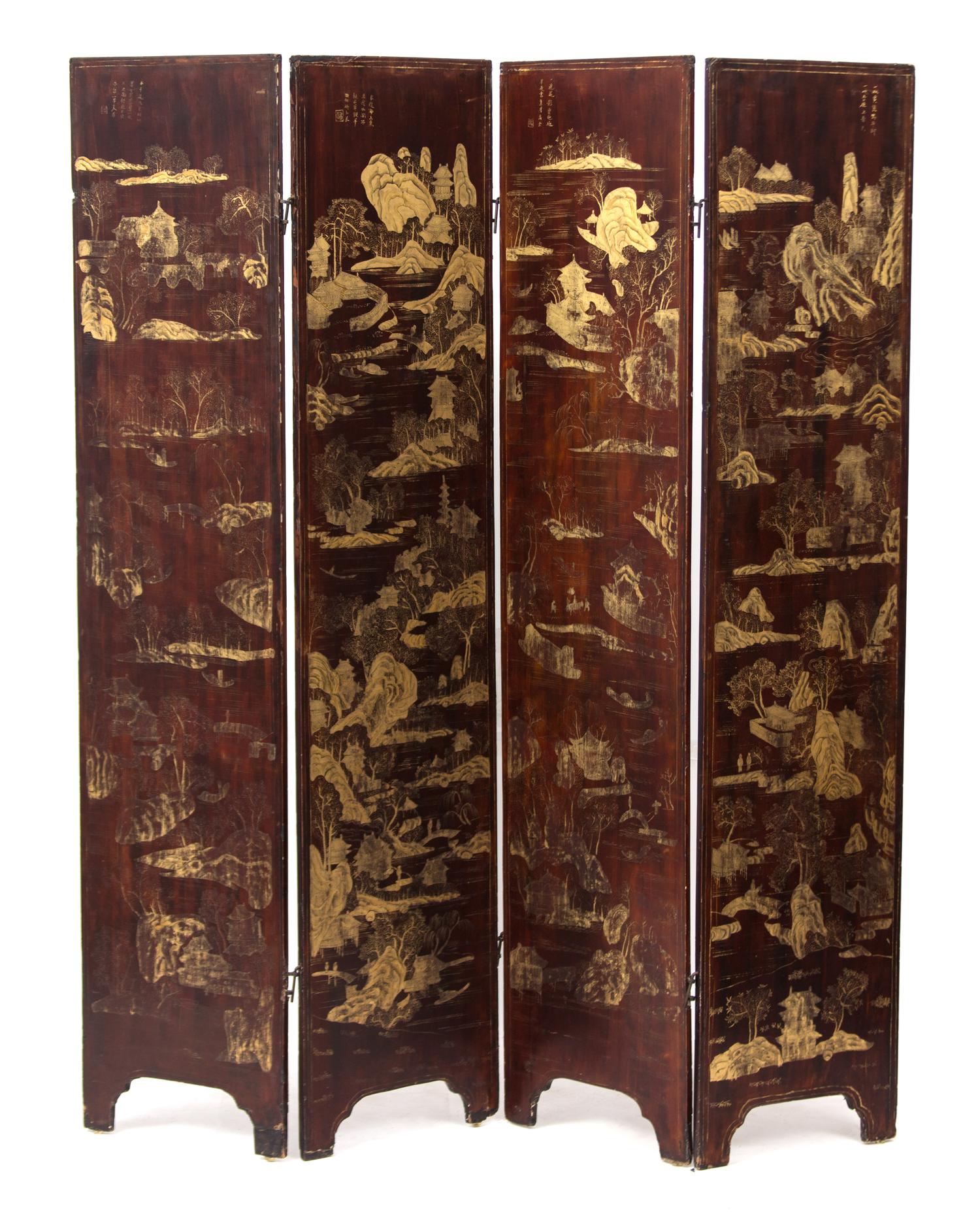 A Chinese Coromandel Lacquer Four-Panel Screen Each panel height 72 1/4 x width 16 inches. — 19TH CENTURY
