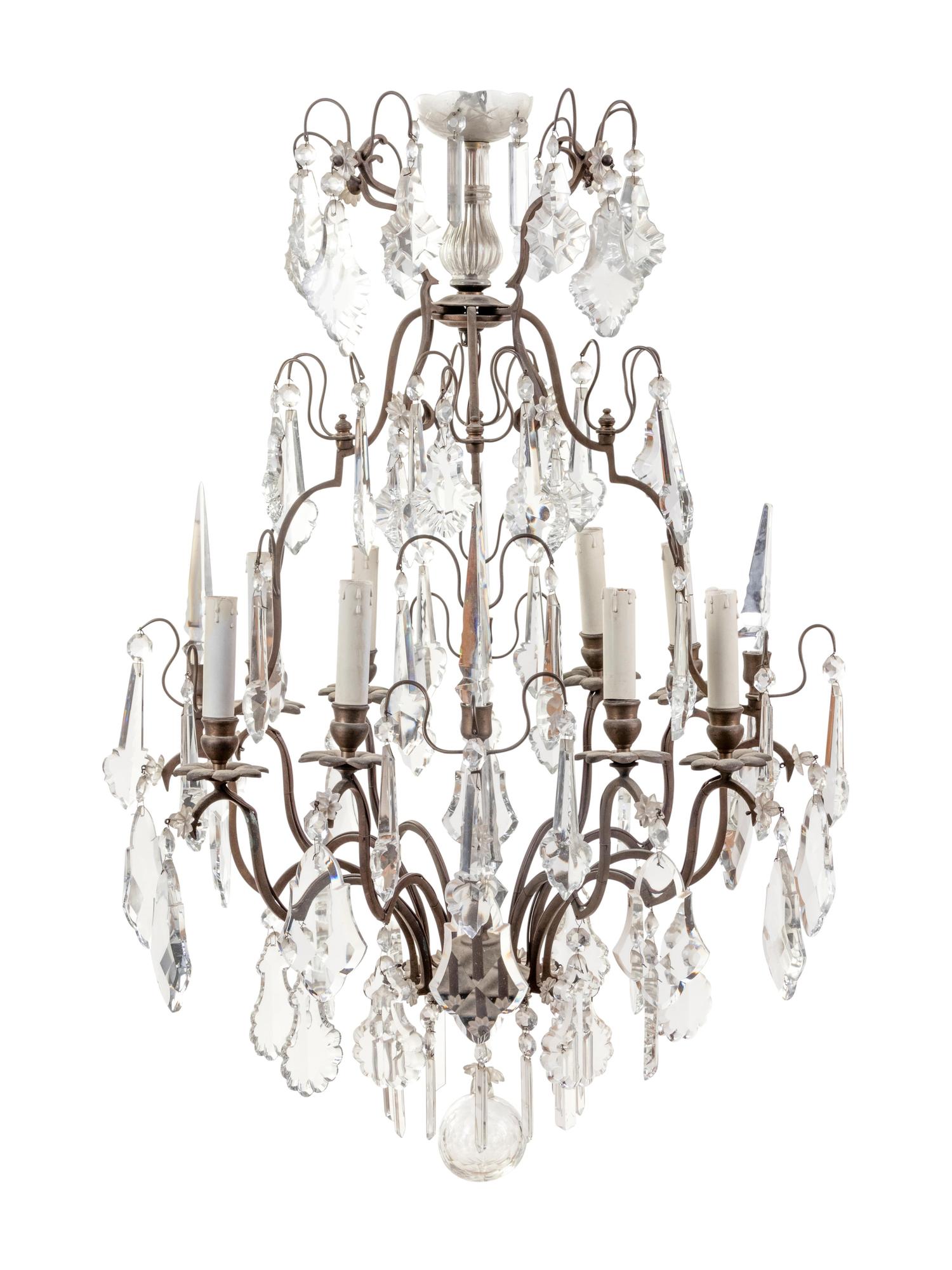 A French Brass and Glass Eight-Light Chandelier