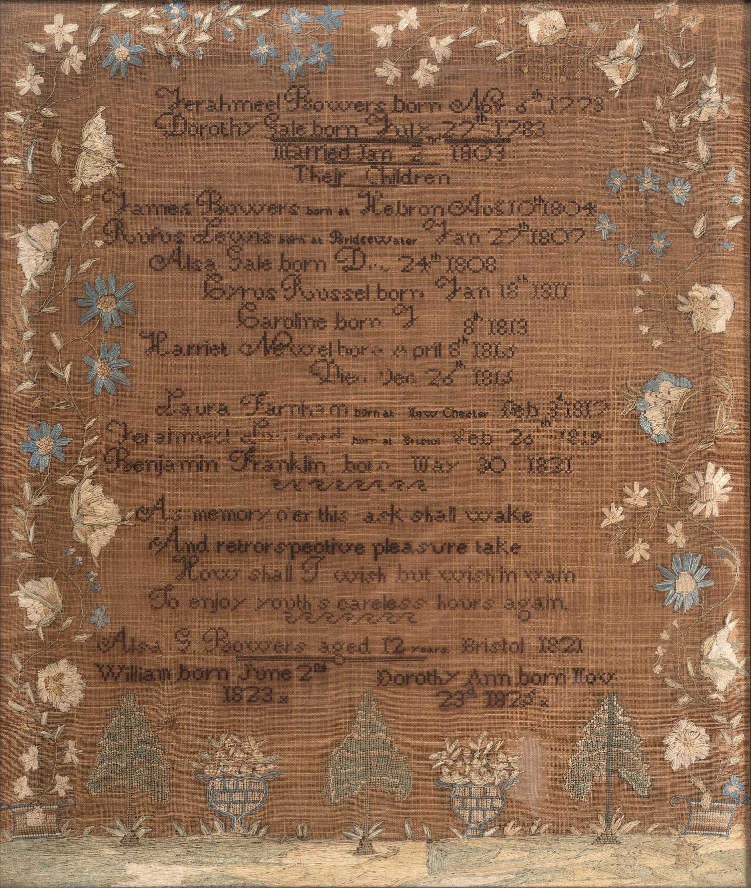 A Needlework Embroidered Family Record, Wrought by Alsa Gale Bowers