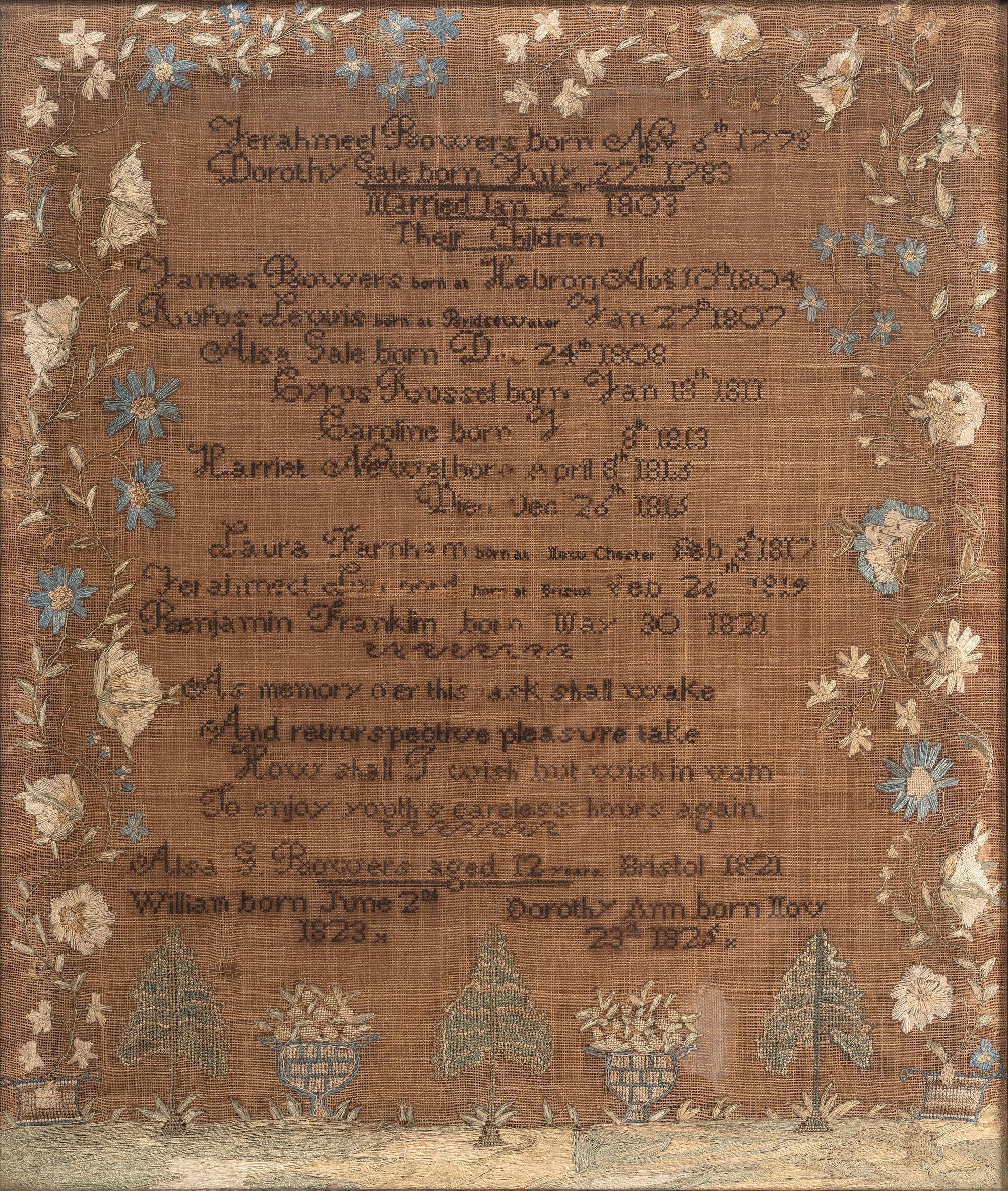 A Needlework Embroidered Family Record, Wrought by Alsa Gale Bowers