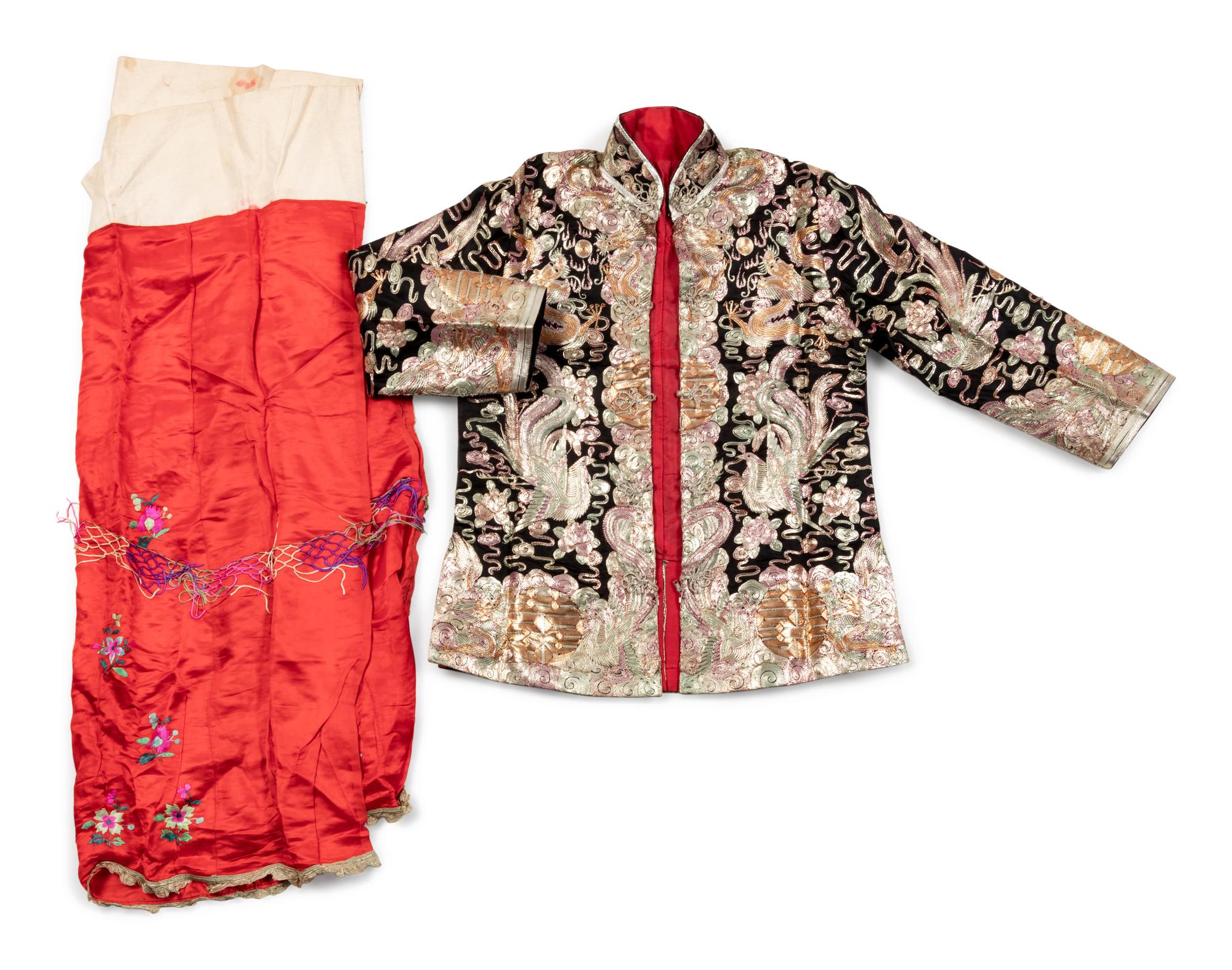 Two Sets of Chinese Silk Embroidered Wedding Gowns