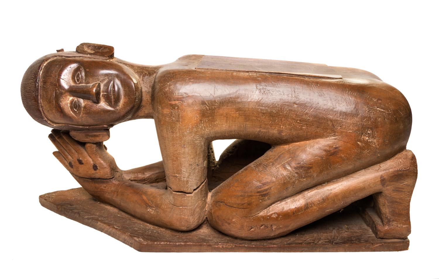 A Southeast Asian Carved Fruitwood Figural Stool Height 15 x width 31 x depth 11 inches. — 20TH CENTURY