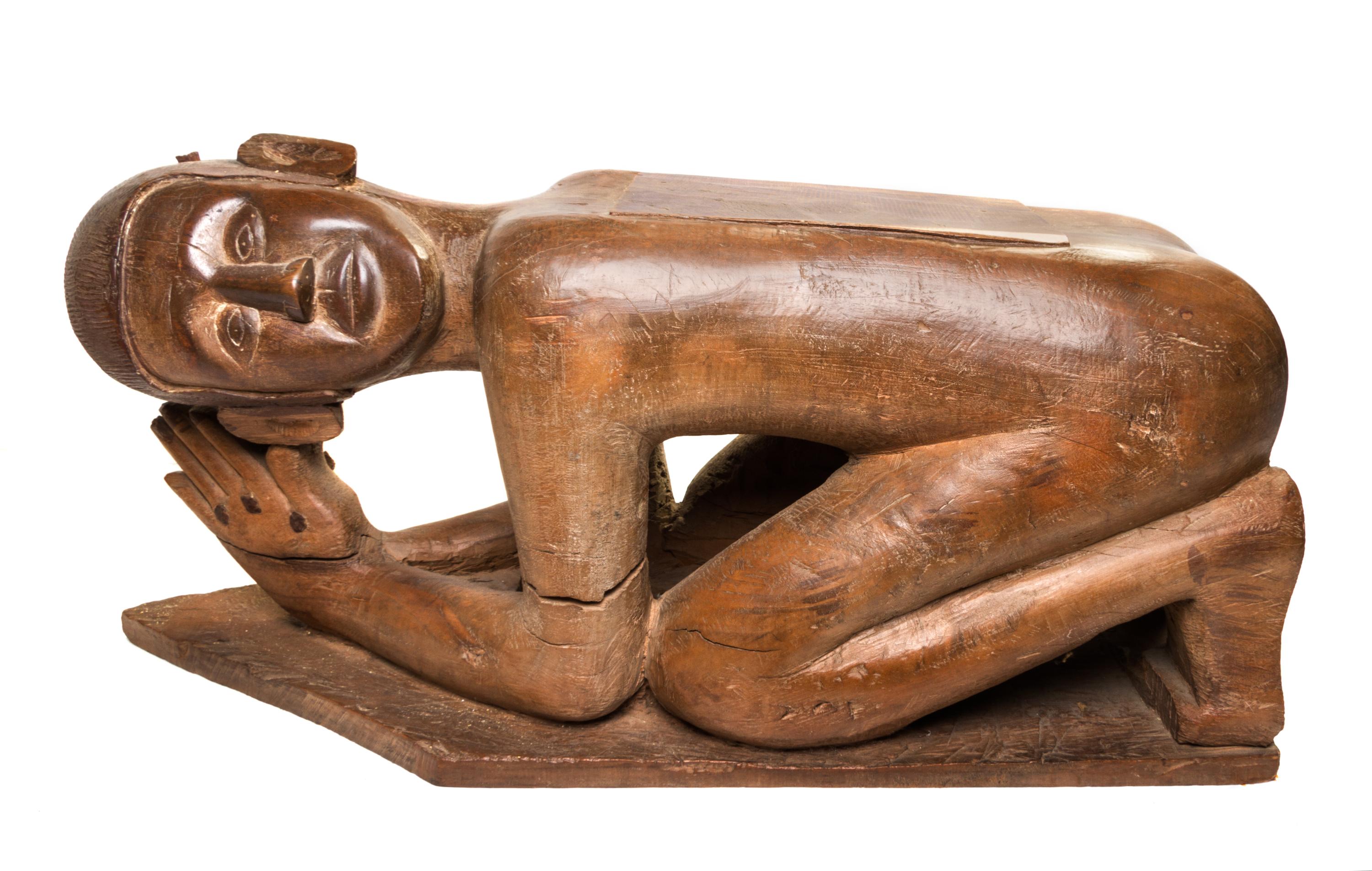 A Southeast Asian Carved Fruitwood Figural Stool Height 15 x width 31 x depth 11 inches. — 20TH CENTURY