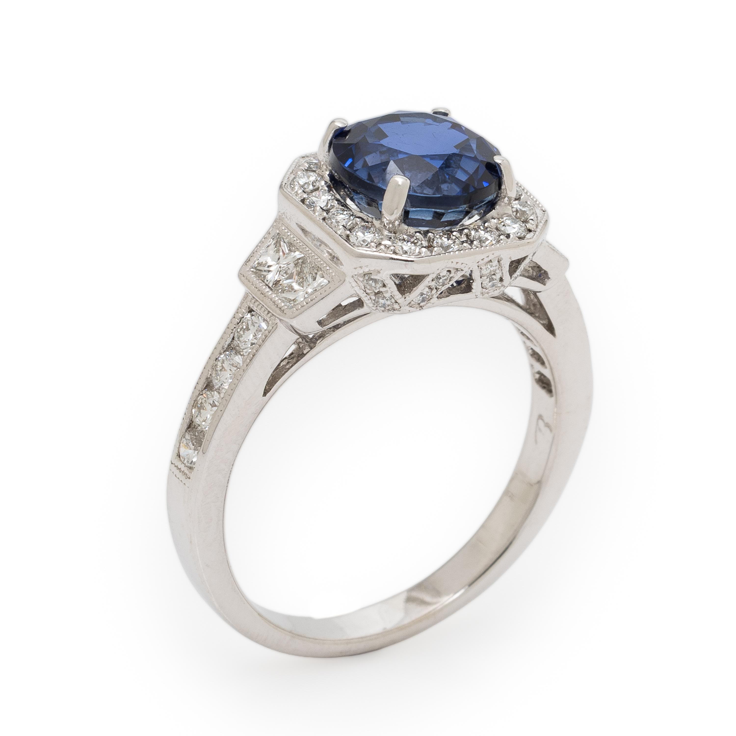 Synthetic Sapphire, Diamond, and White Gold Ring