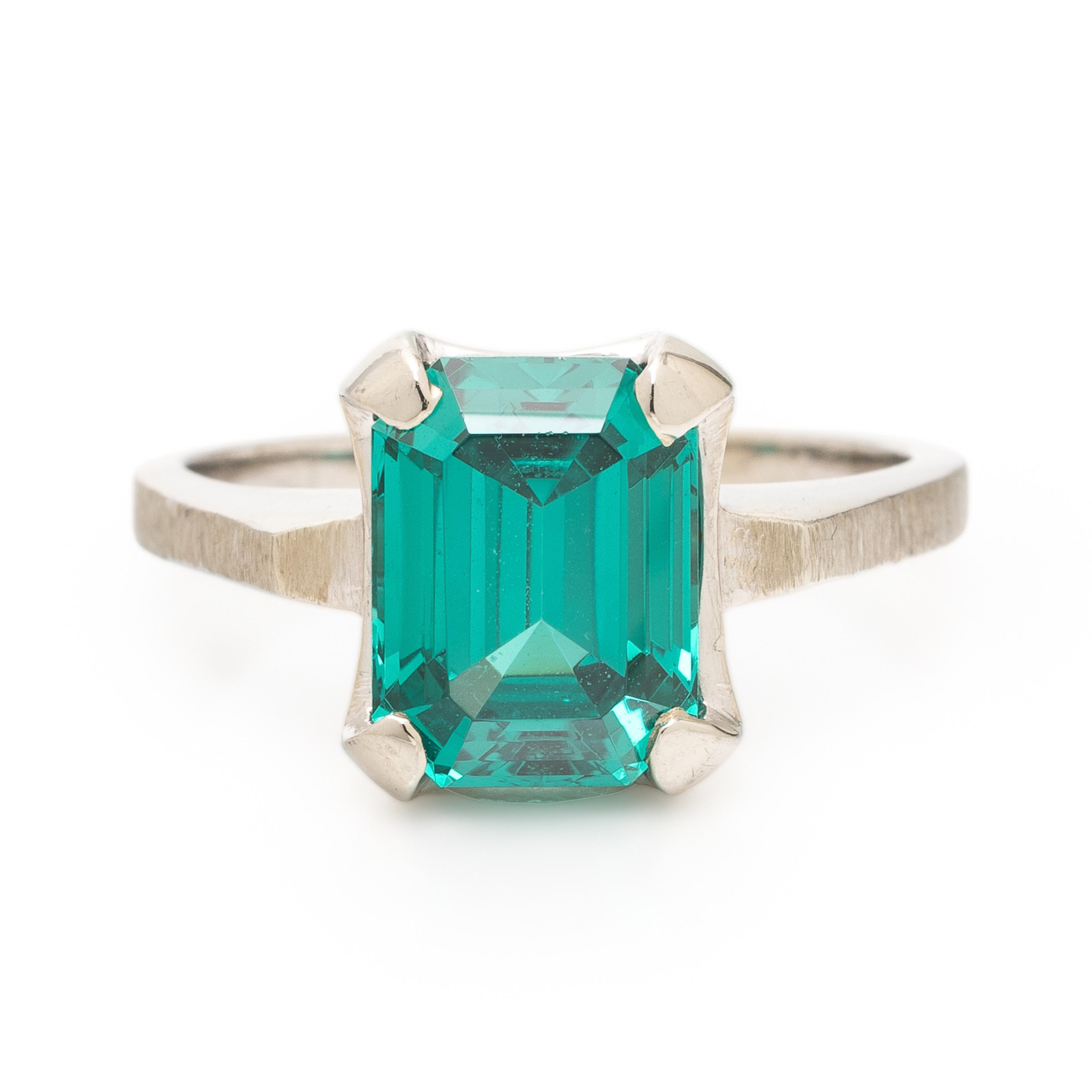 Synthetic Green Gemstone and White Gold Ring