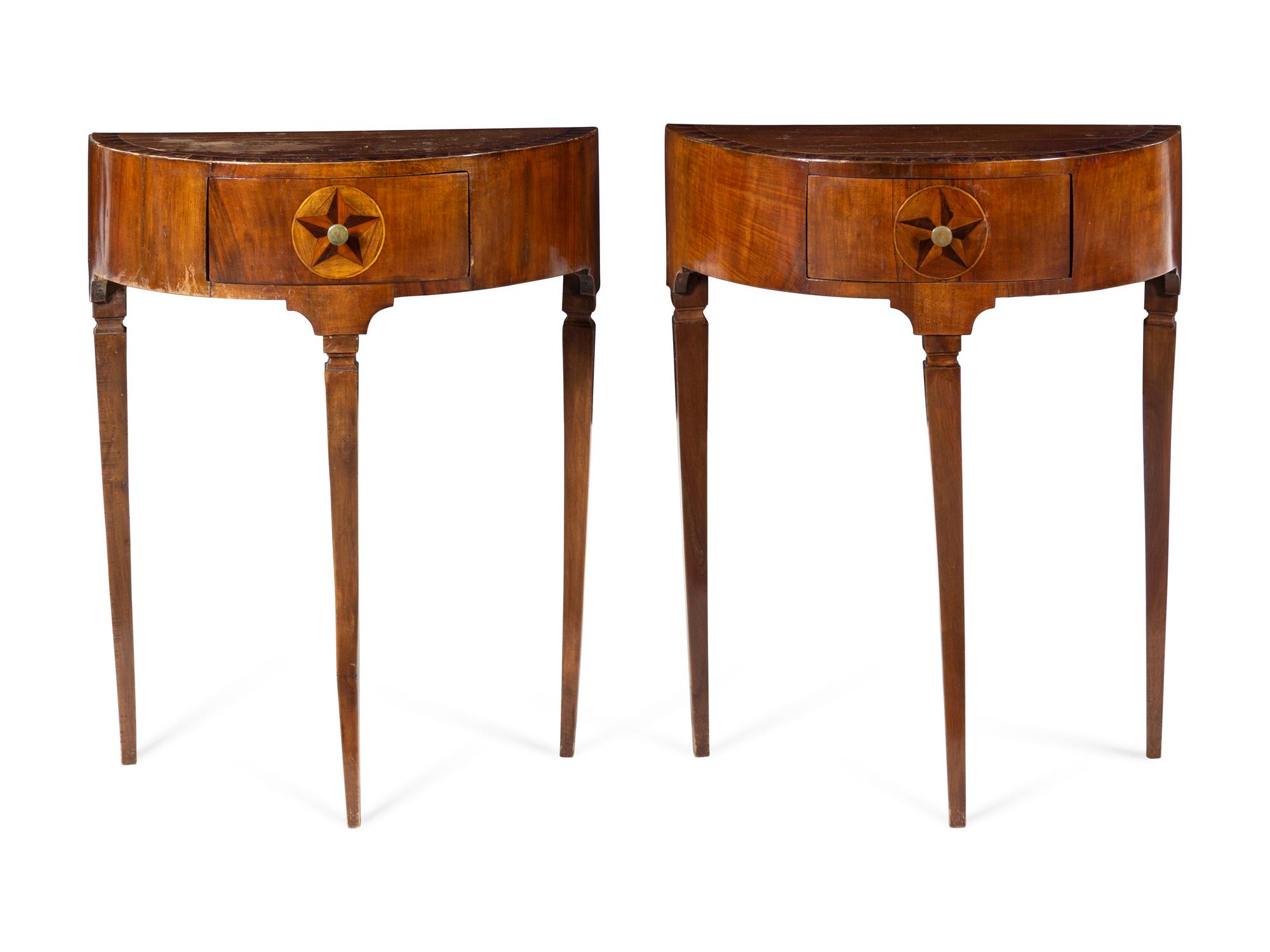A Pair of Continental Fruitwood and Marquetry Side Tables