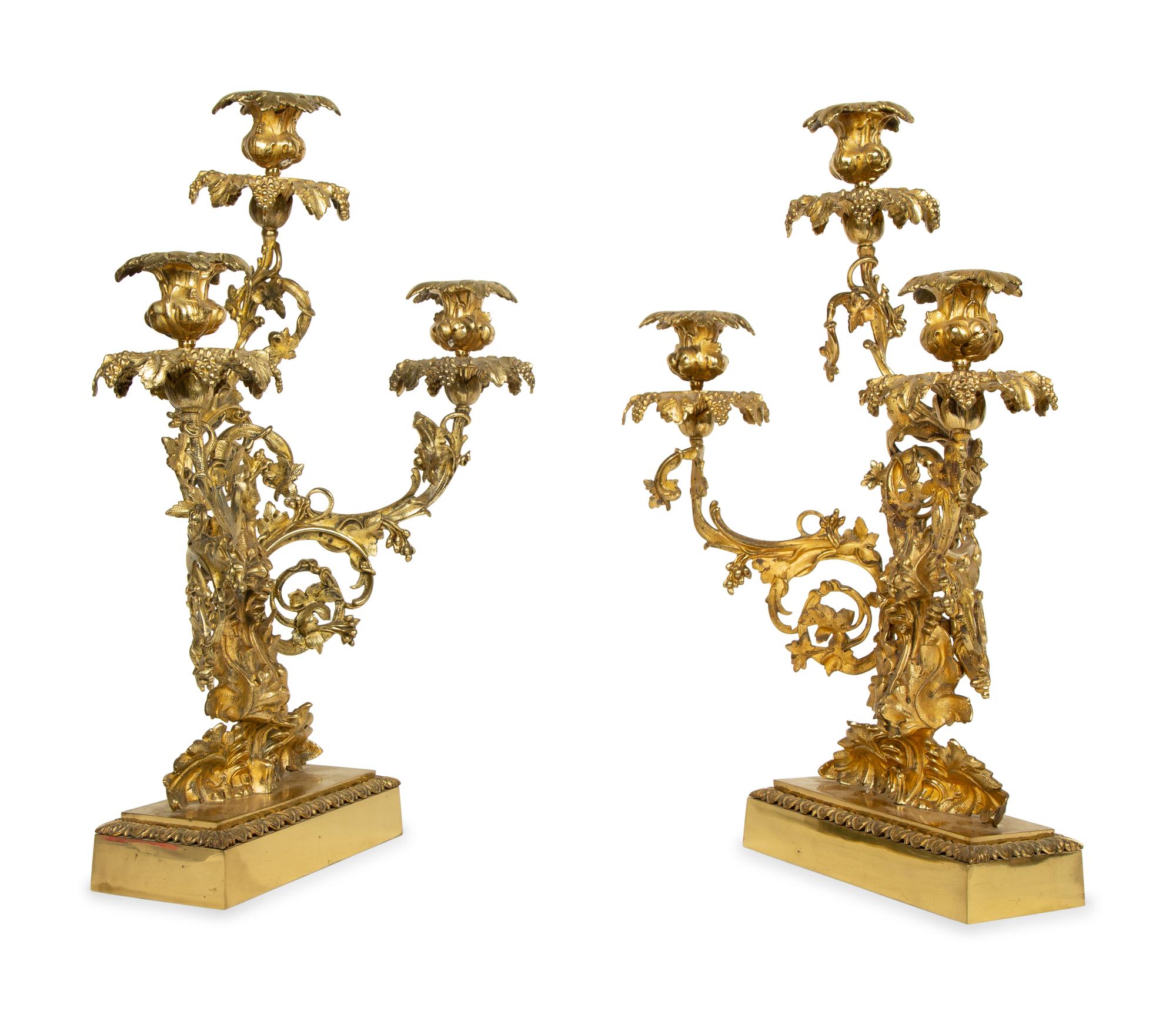A Pair of American Gilt Bronze Three-Light Candelabra — 19TH CENTURY